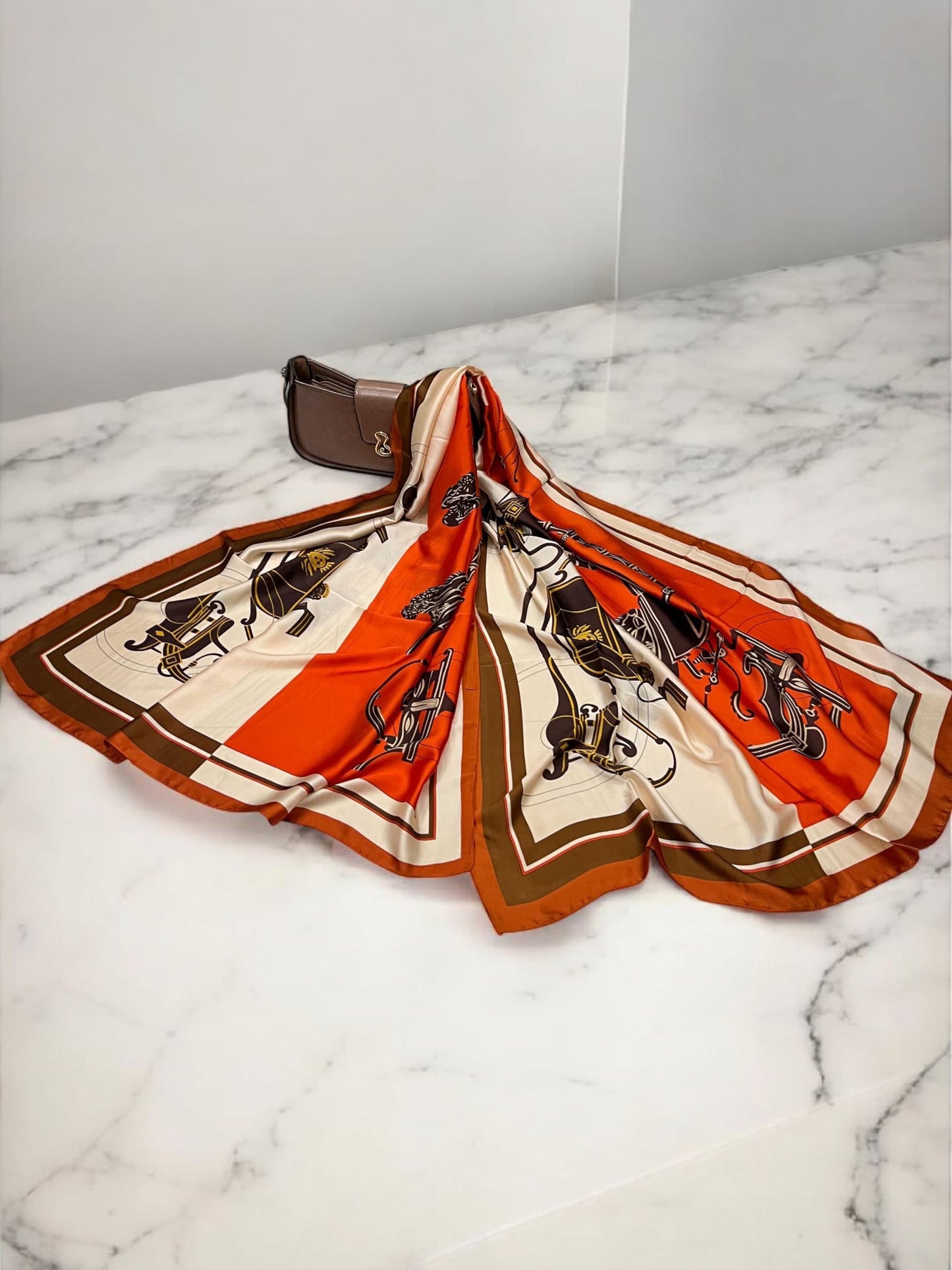 Large Satin Silk Scarf - Brown Rust Carriage
