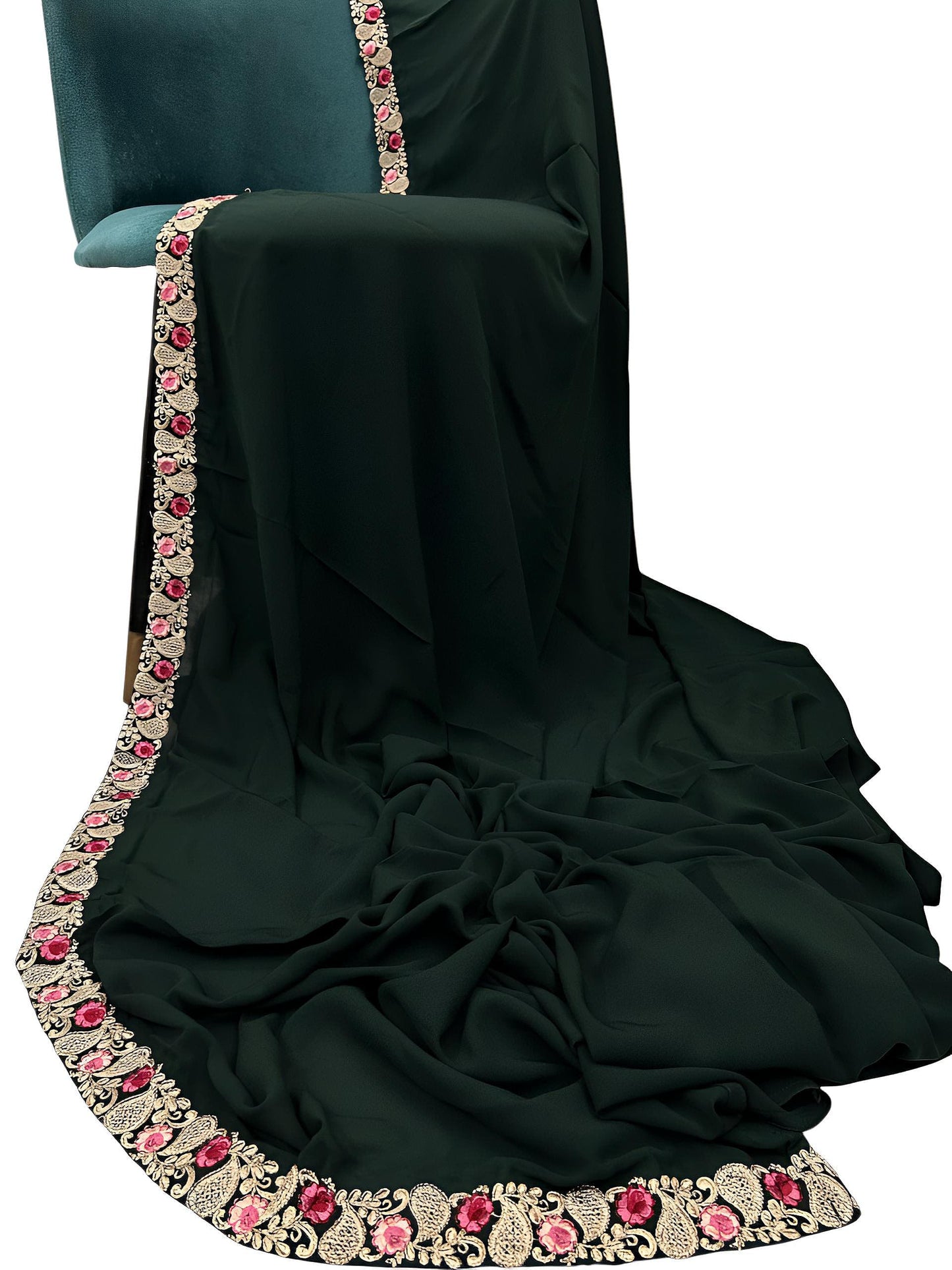 Luxury Sacramento Green Floral Border Korean Shaal
