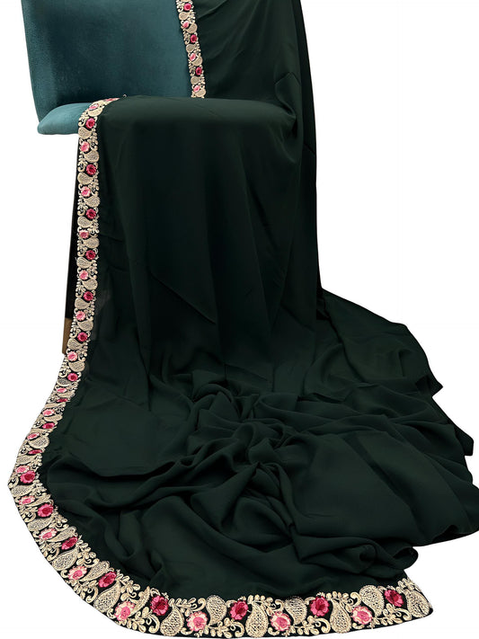 Luxury Sacramento Green Floral Border Korean Shaal