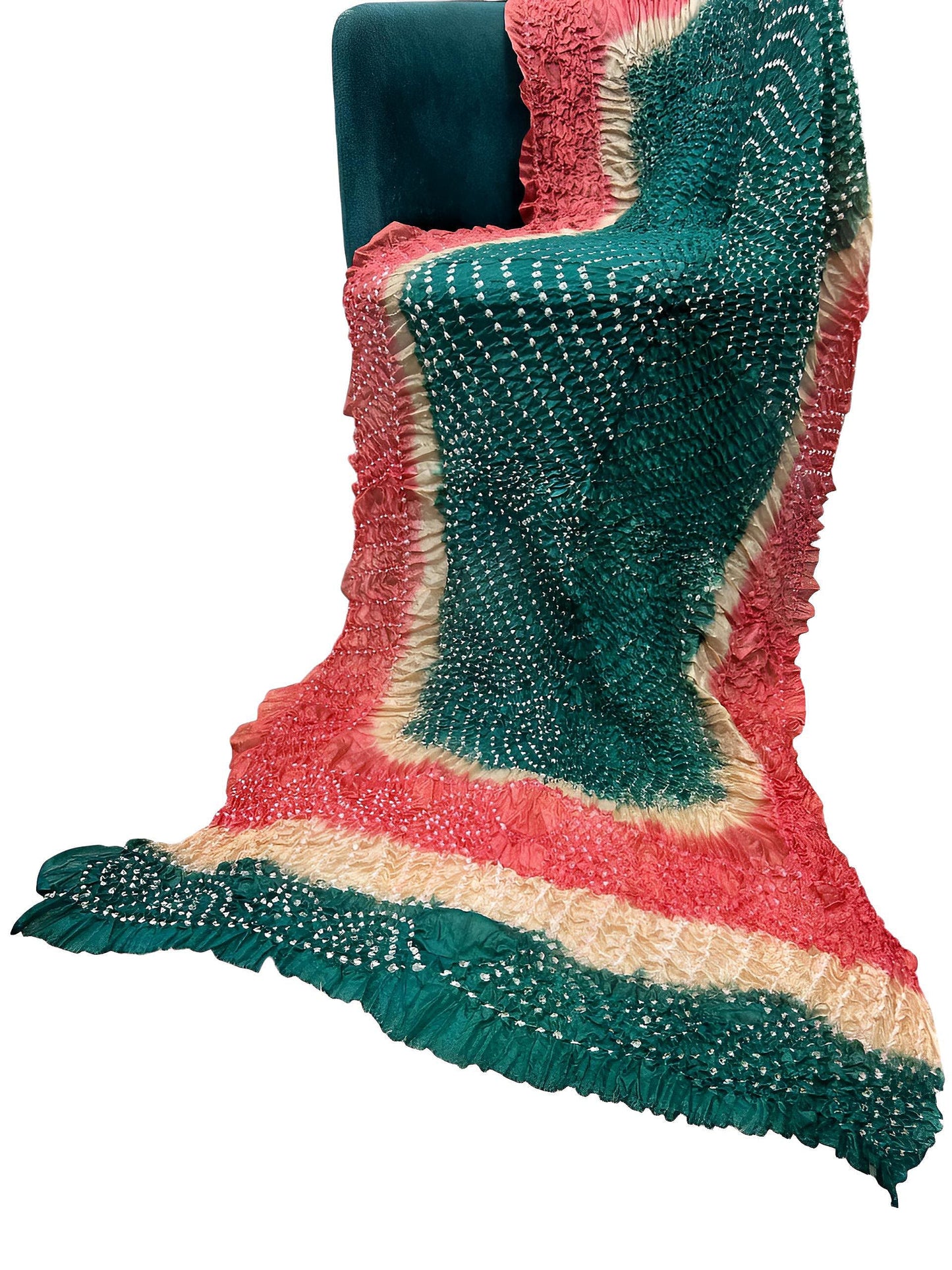 Green & Coral Silk Chundri Dupatta