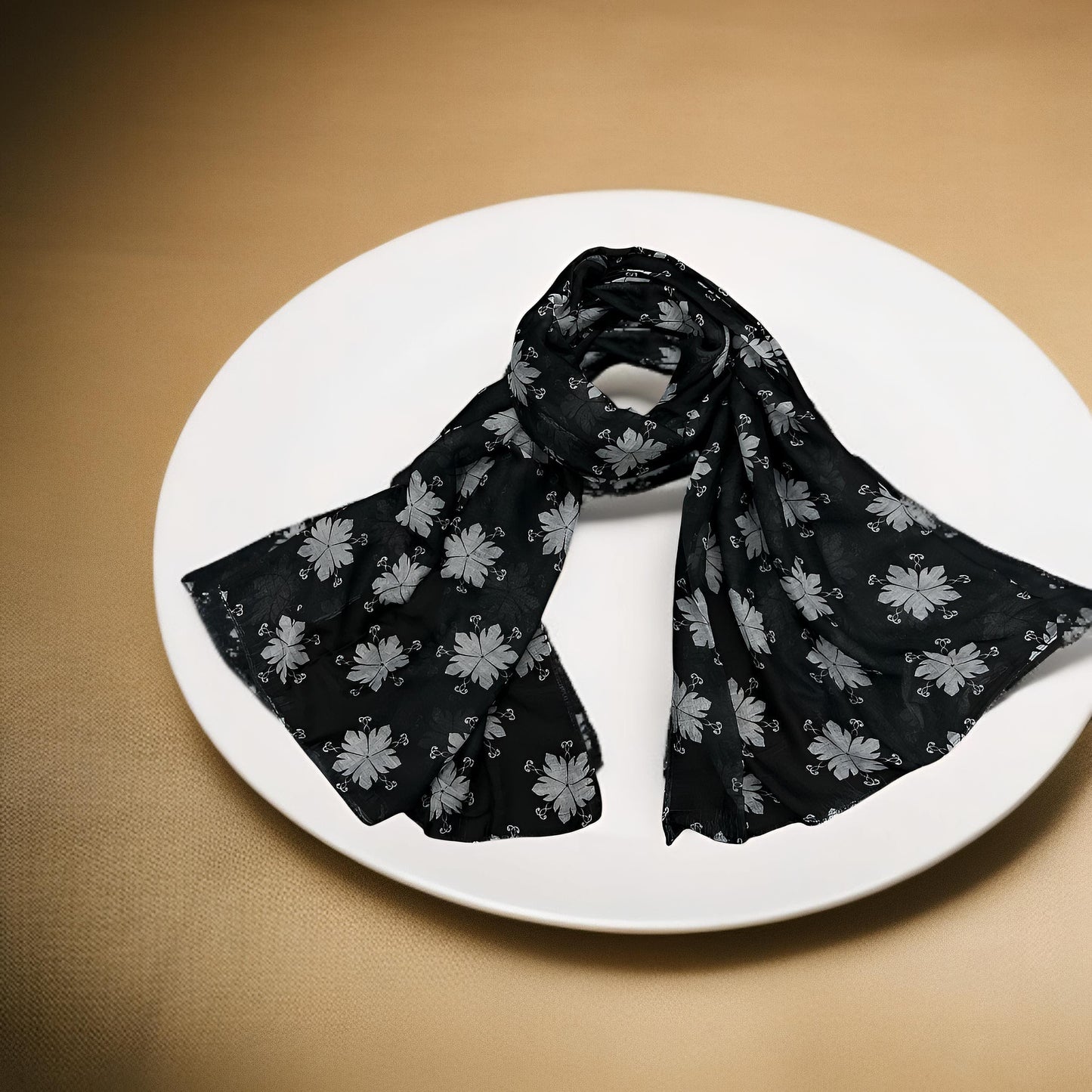 Black Grey Magnolia Printed Modal Hijab
