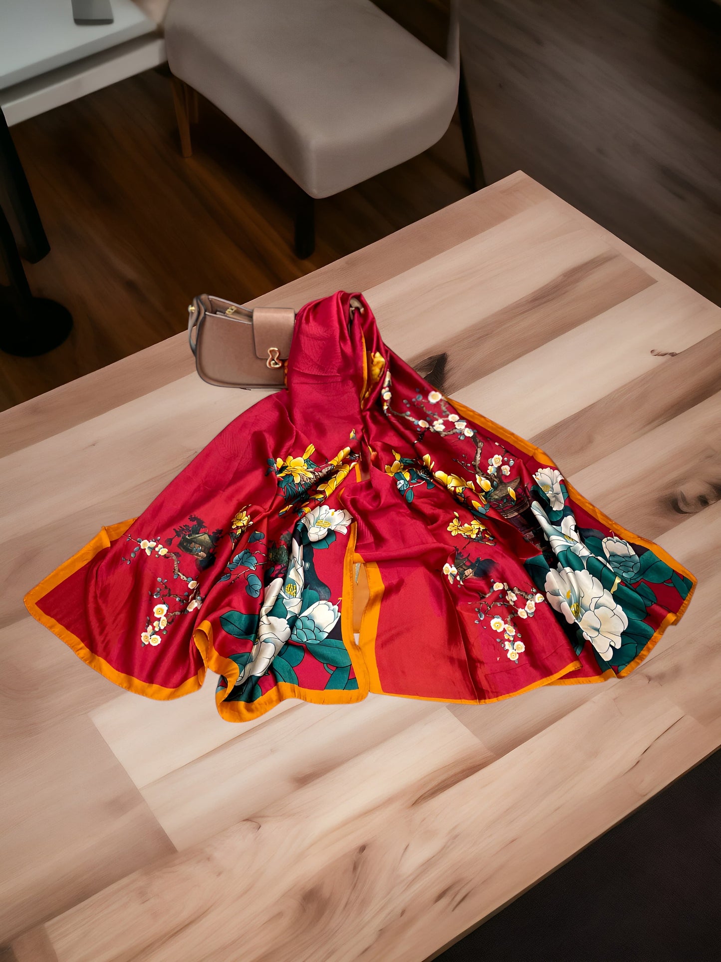 Large Satin Silk Scarf - Red Bloom