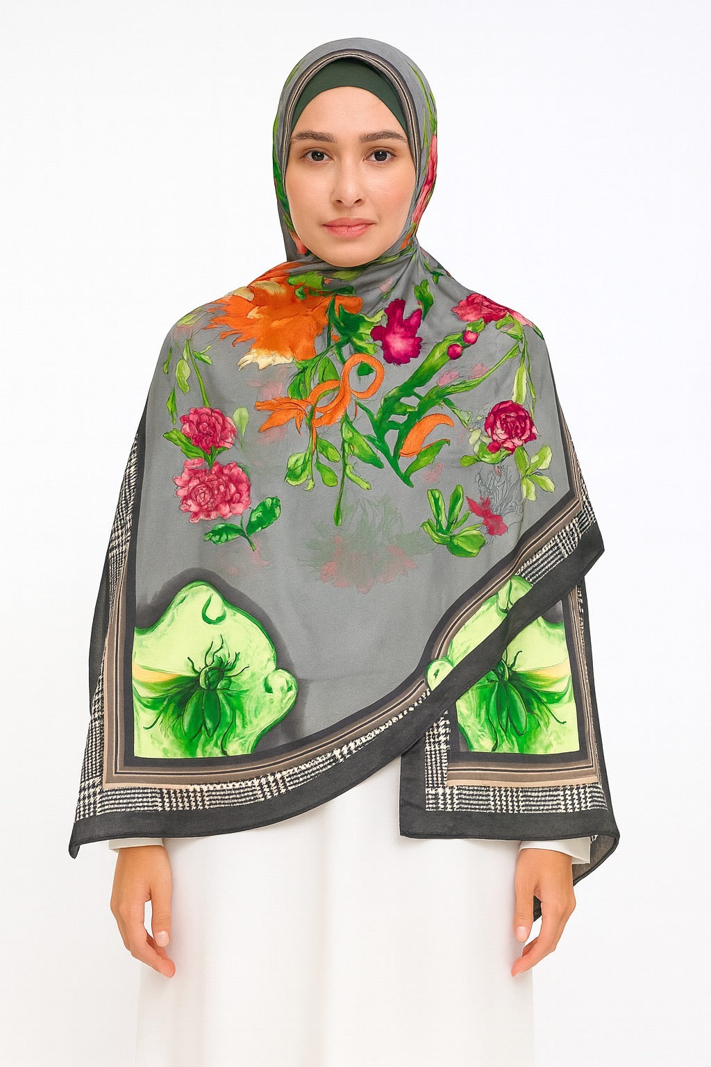 Large Satin Silk Scarf - Grey Painted Garden