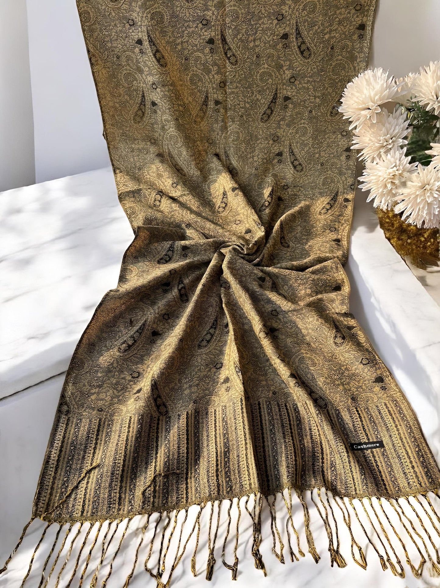 Beige Brown Paisley Pashmina Hijab Shaal