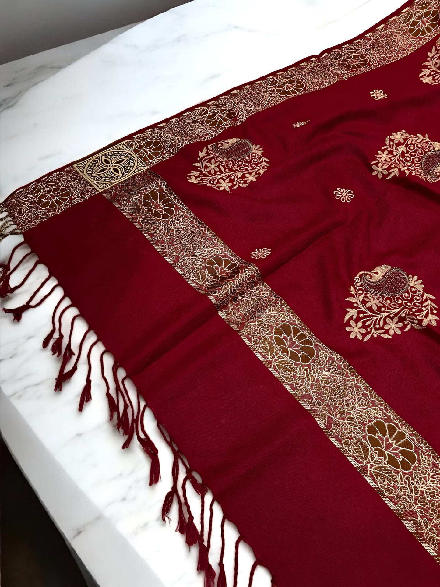 Scarlet Gold Border Embroidered Cream Patchwork Pashmina Shawl