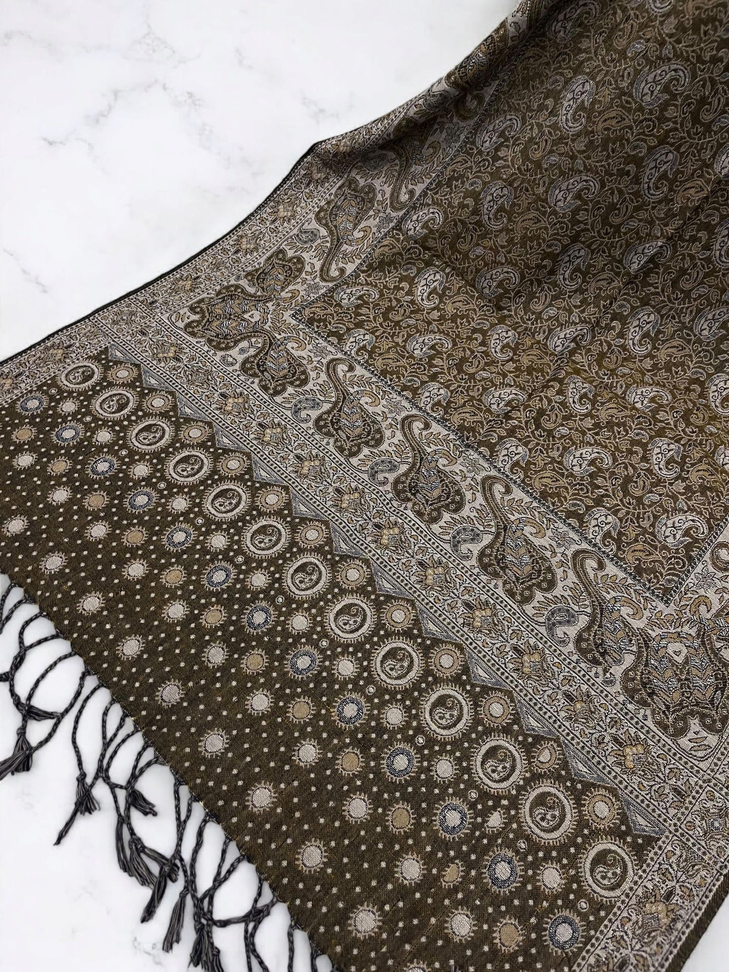 Walnut Brown White Two-tone Paisley Pashmina Hijab