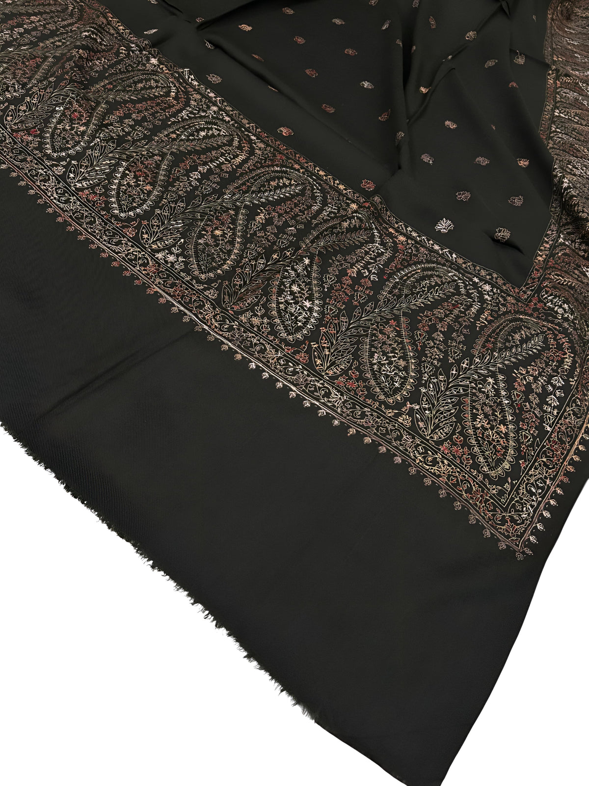 Olive Green Multi - Hand Embroidered Paisley Kashmiri Shawl