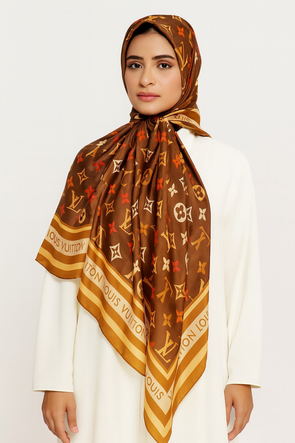 Large Satin Silk Scarf - Brown Gold LV
