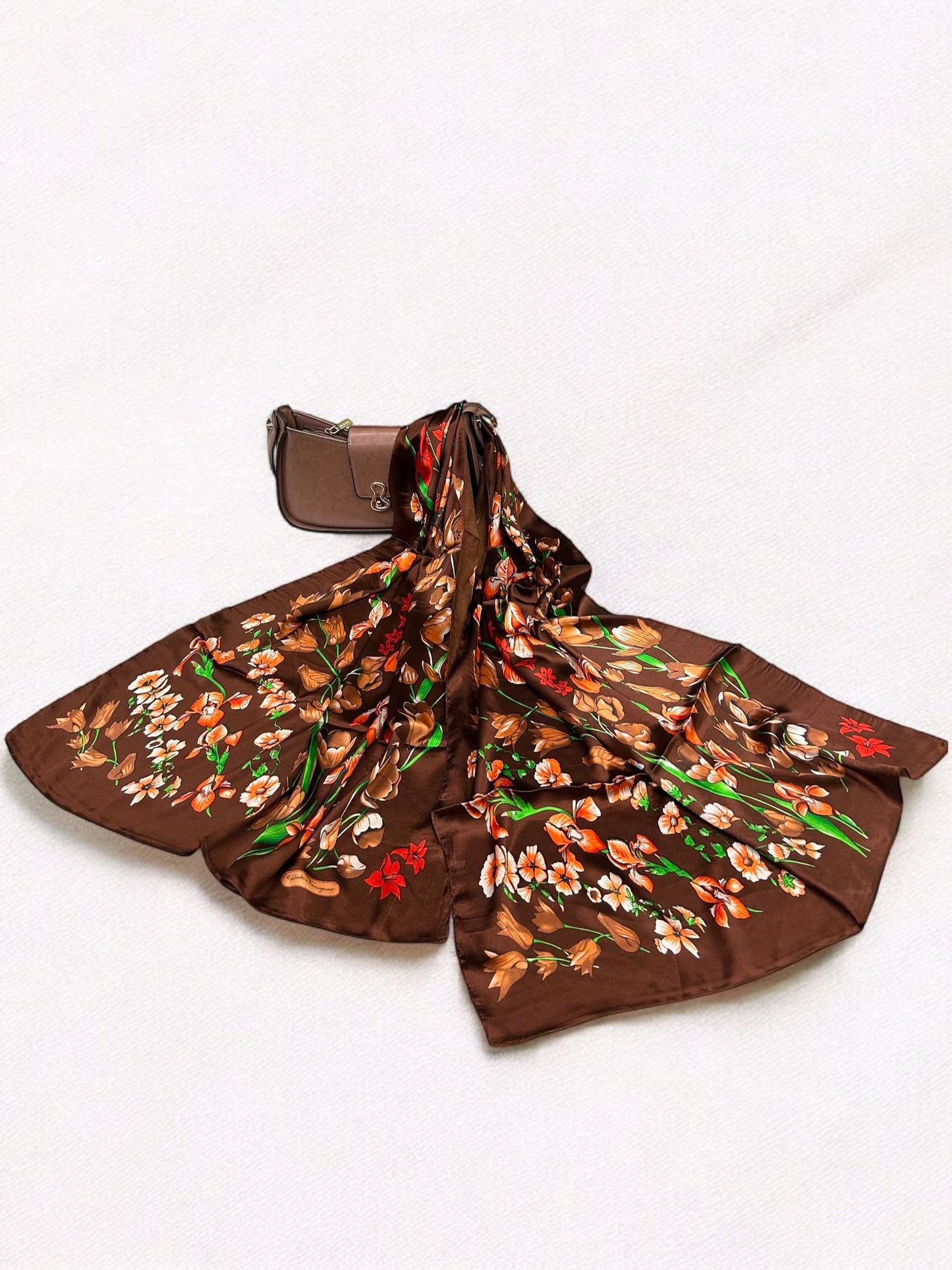 Satin Silk Scarf - Brown Orange Tulips