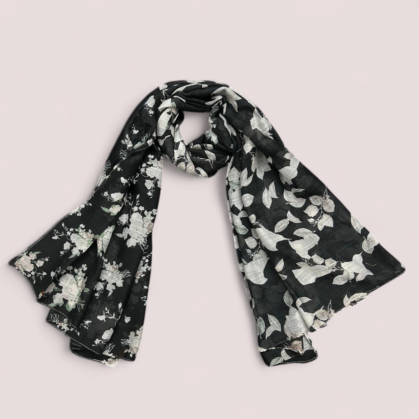 Black Cream White Floral Printed Lawn Hijab