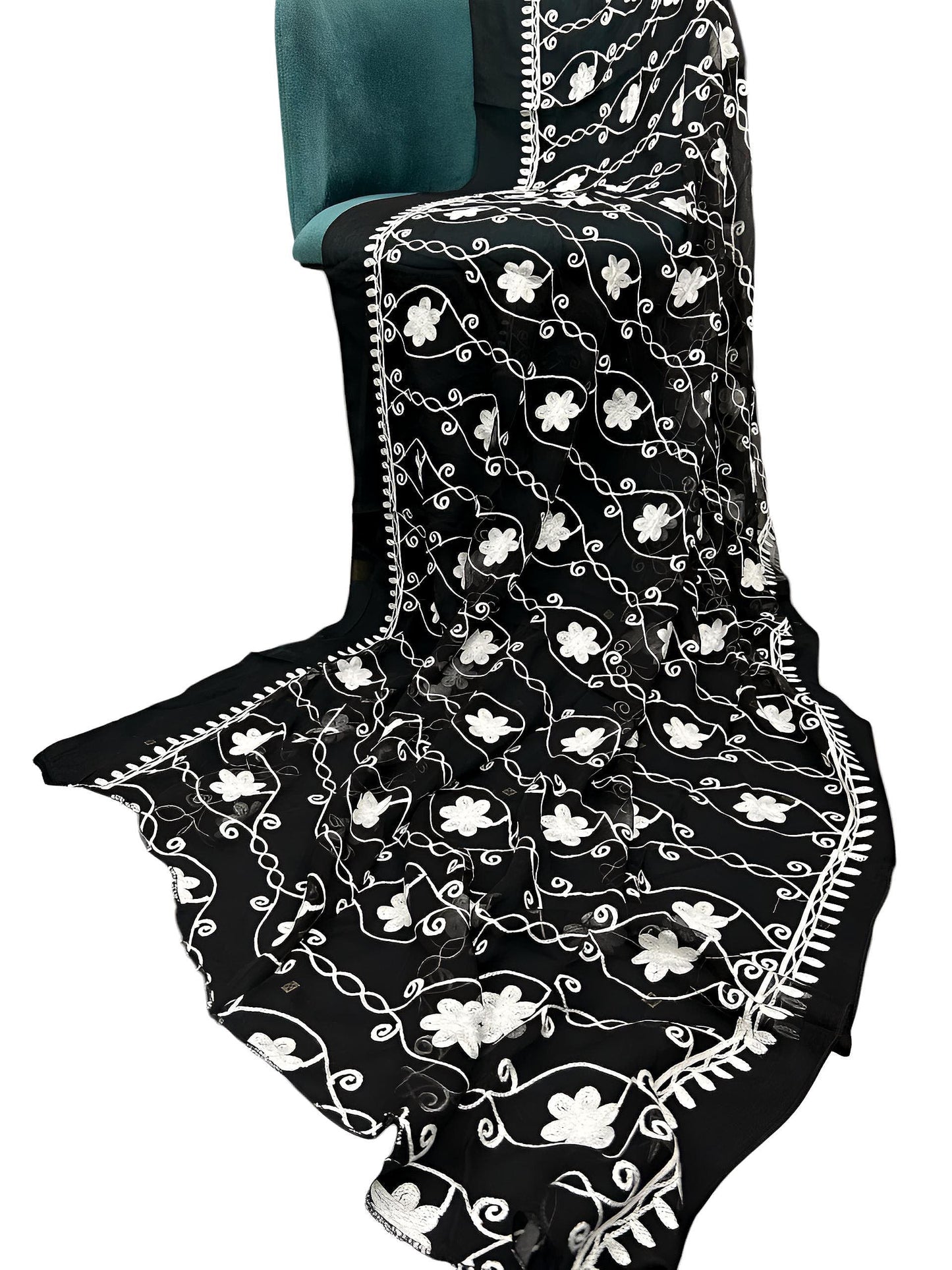 Black & White Flowers Embroidered Chiffon Dupatta