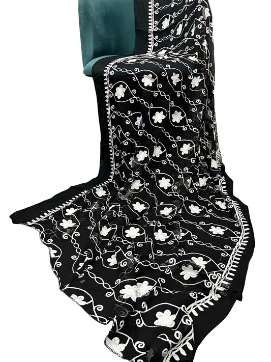 Black & White Flowers Embroidered Chiffon Dupatta