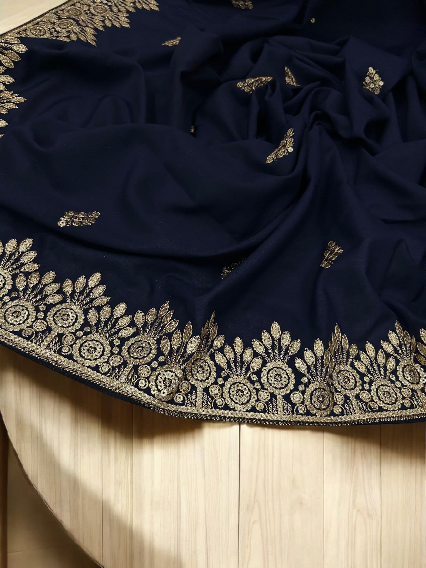 Navy Gold Floral Sequence Bridal Embroidered Shaal