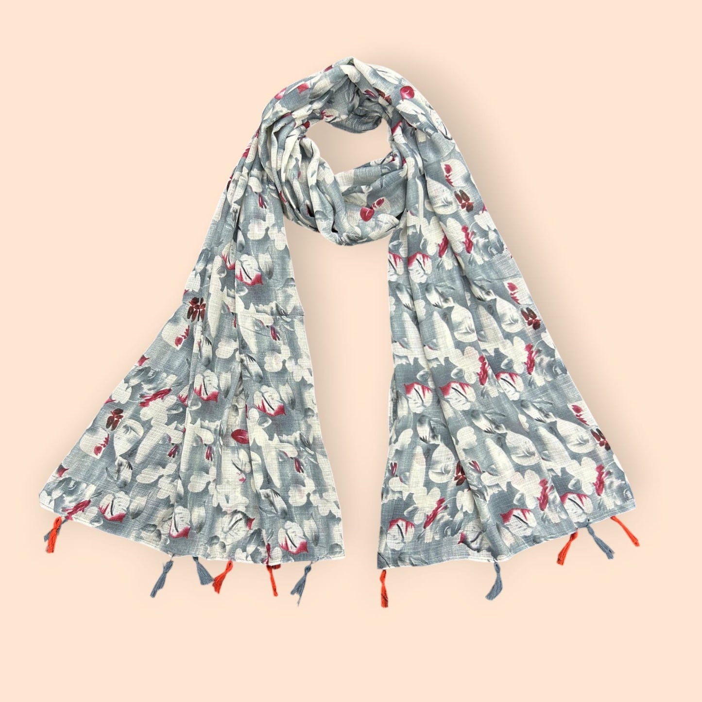 Ash Grey Red Floral Printed Modal Hijab