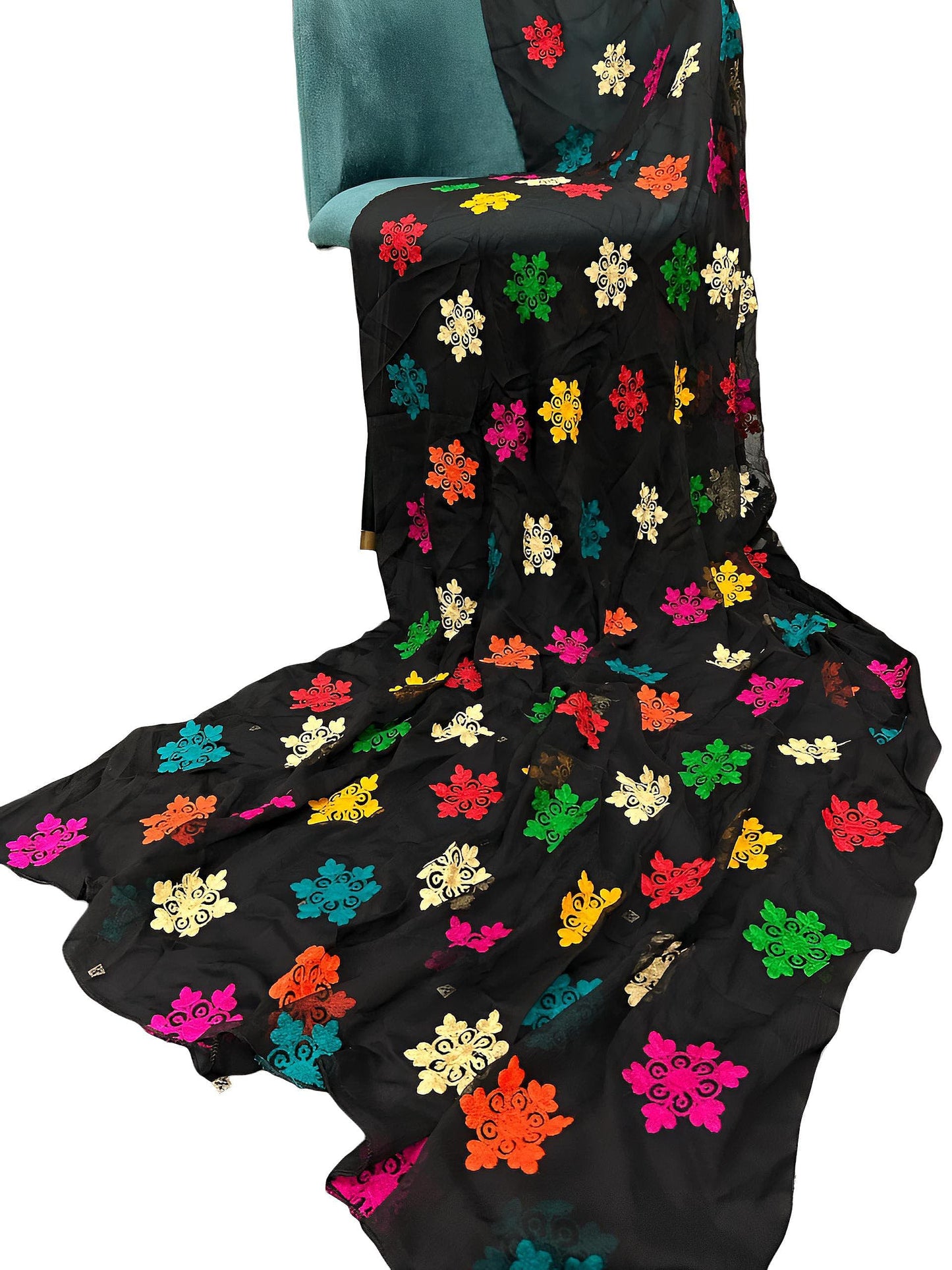 Black Multi Floral Embroidered Chiffon Dupatta