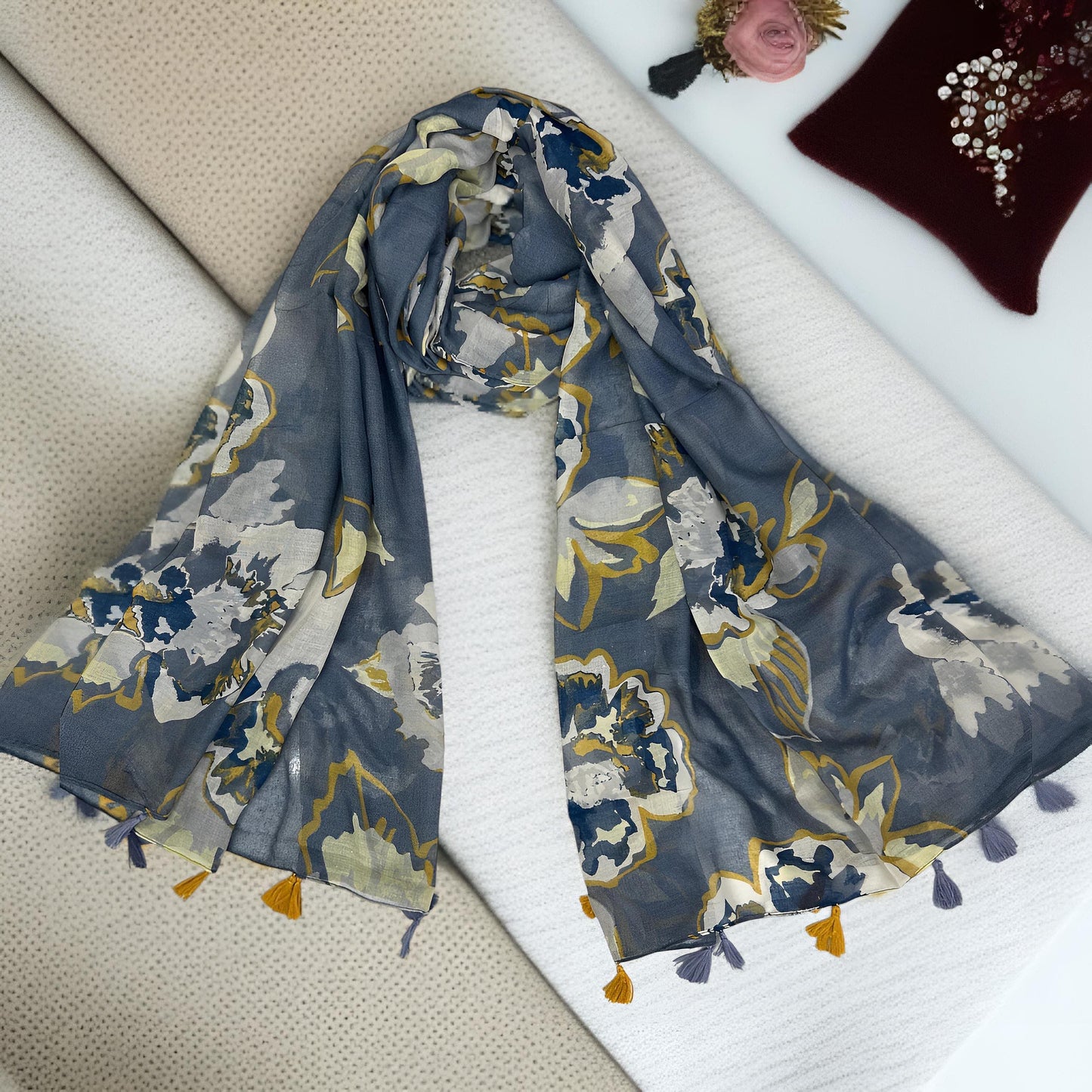 Glacier Blue Mustard Floral Printed Modal Hijab