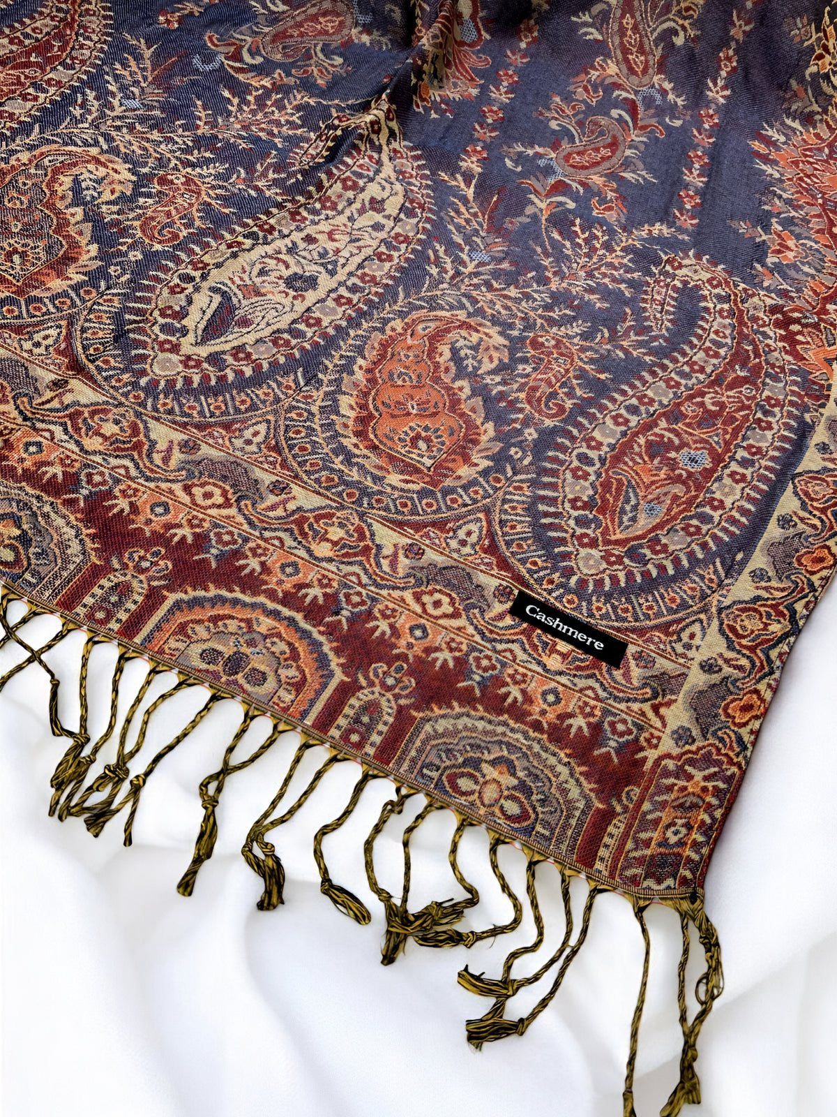 Indigo Blue Rust Persian Linear Paisley Two-Tone Pashmina Hijab