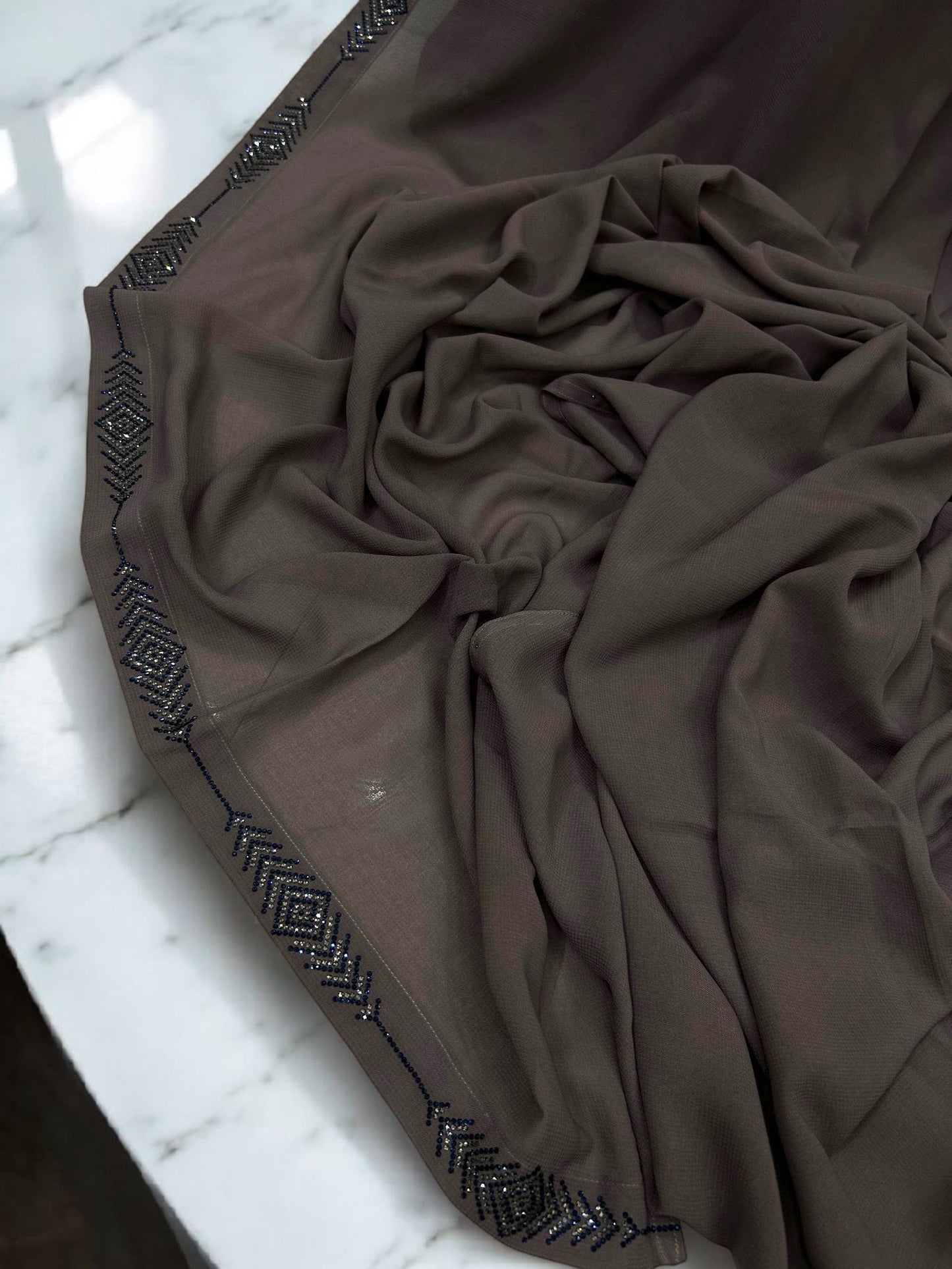 Warm Grey Linear Border Embroidered Korean Shaal