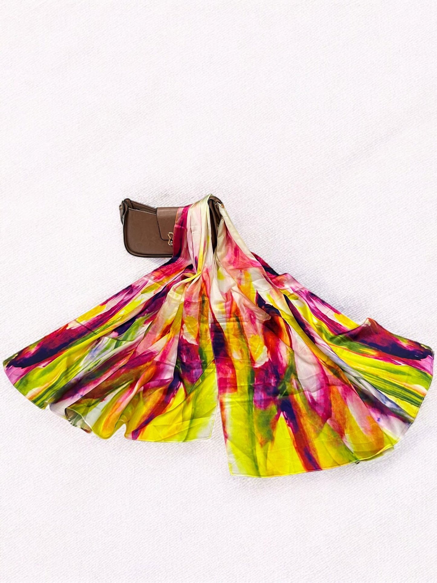 Large Satin Silk Scarf - Neon Magenta Splashy Floral