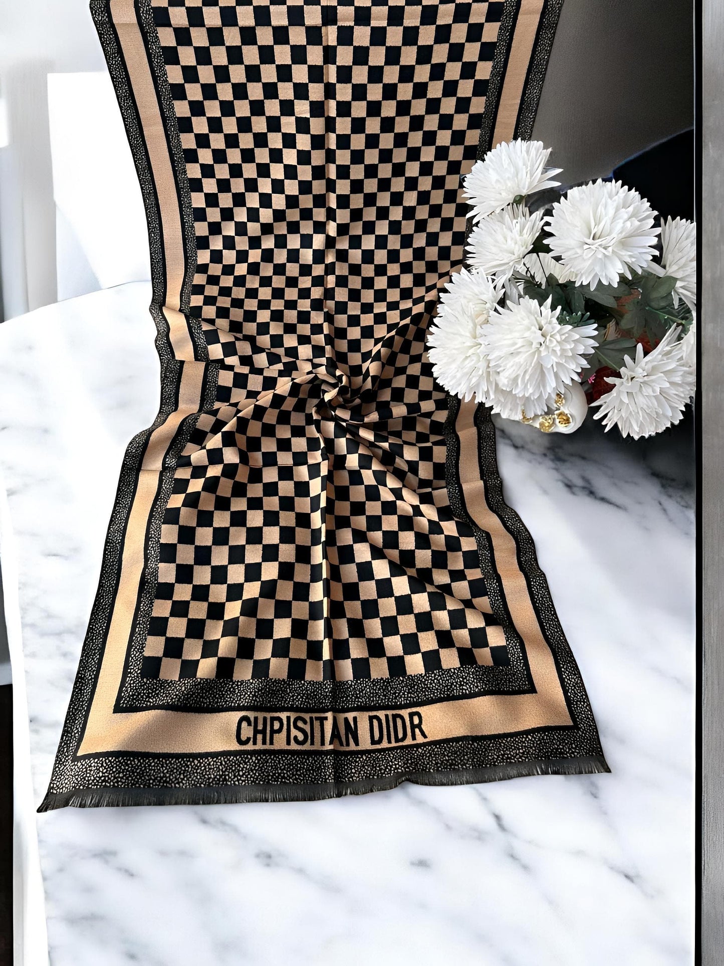 Luxury Branded Wool Scarf - Black Caramel Dior