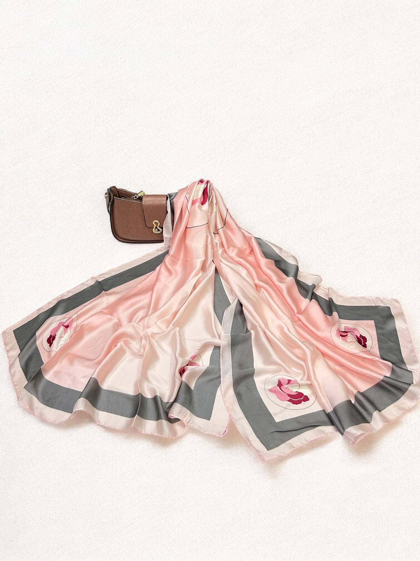 Large Satin Silk Scarf - Tea Pink Floral Grey Border