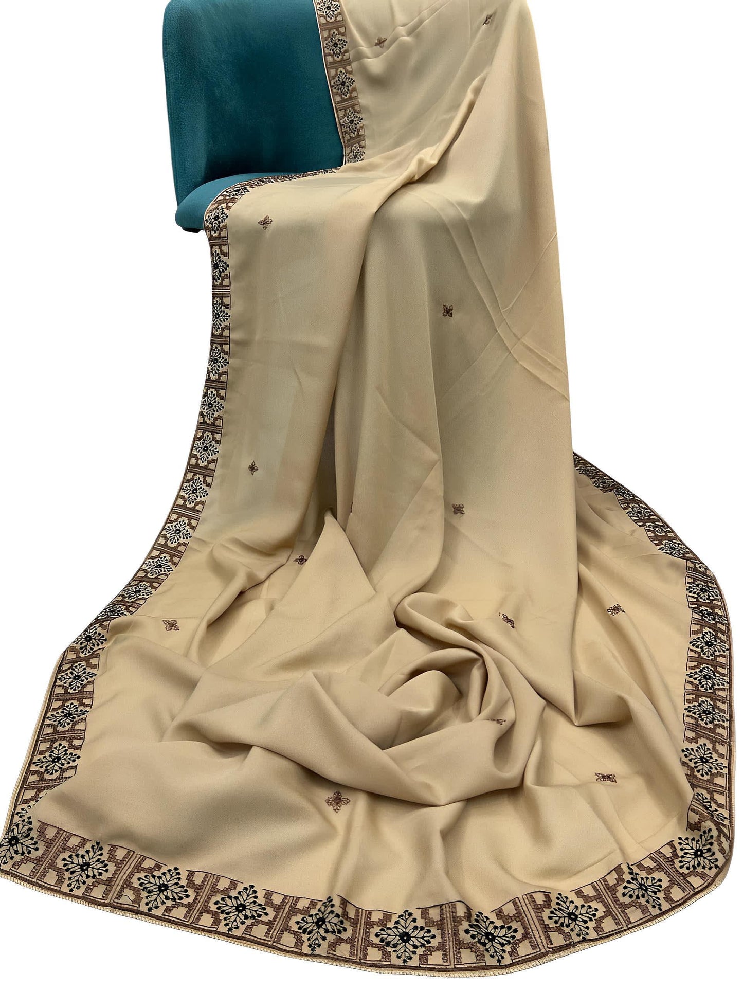 Khaki Black Floral Border Shaal