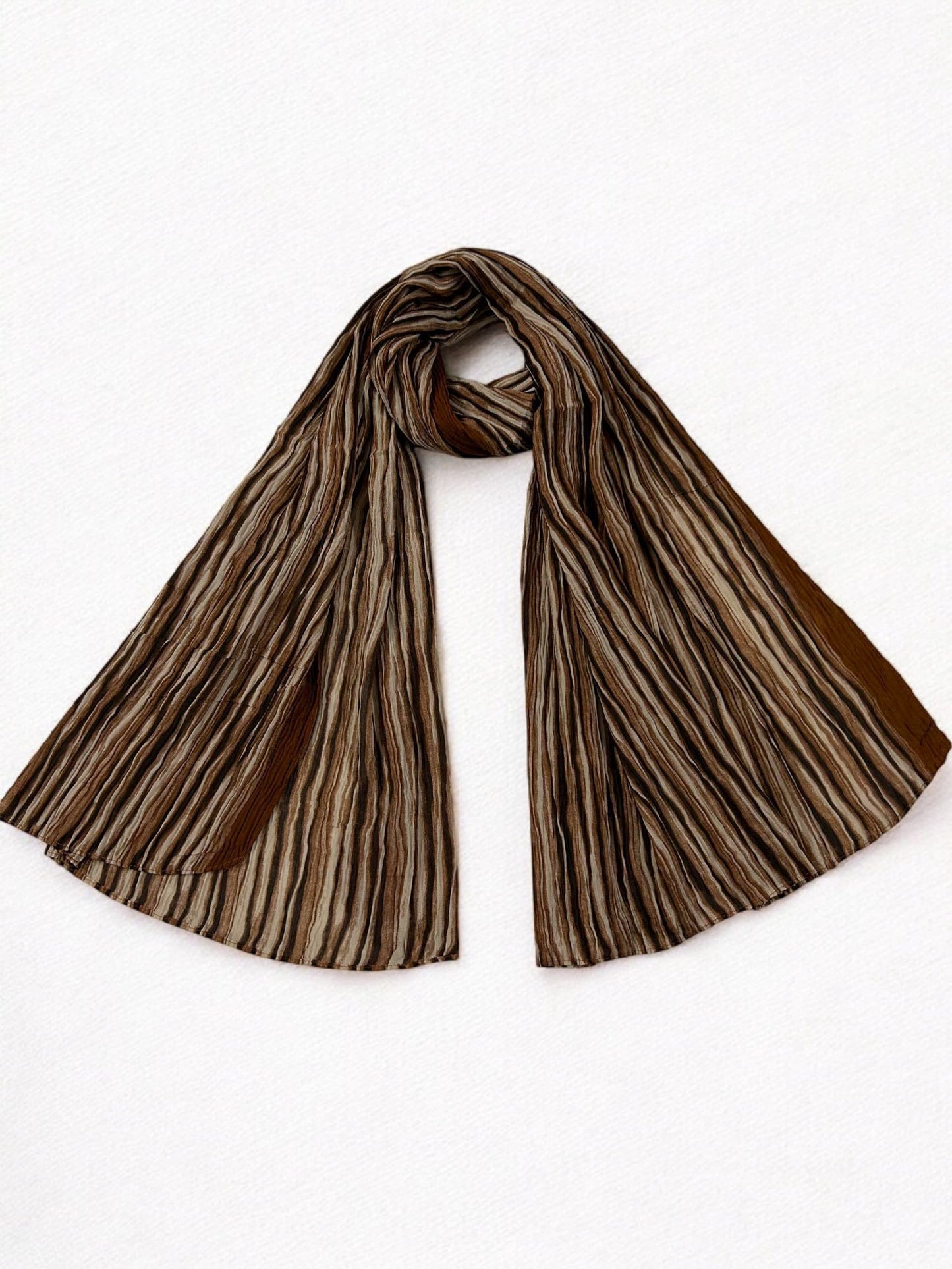 Brown Beige Linear Printed Pleated Modal Hijab
