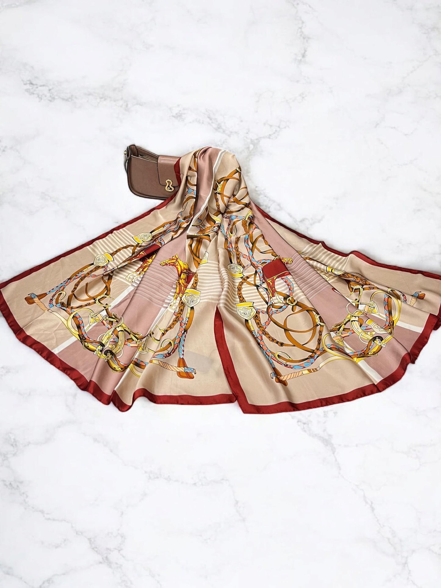 Large Satin Silk Scarf - Nude Pink Chains