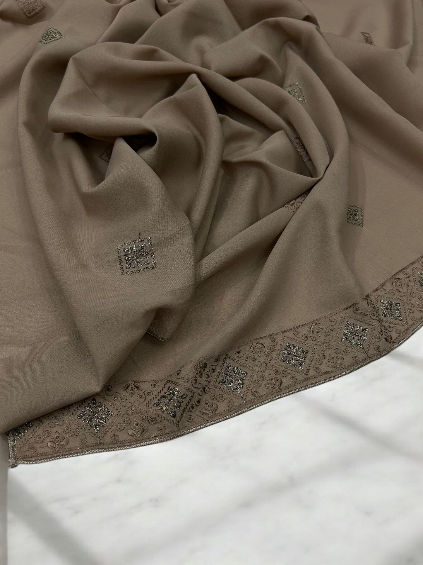 Soil Brown Squares Threadwork Embroidered Border Shaal