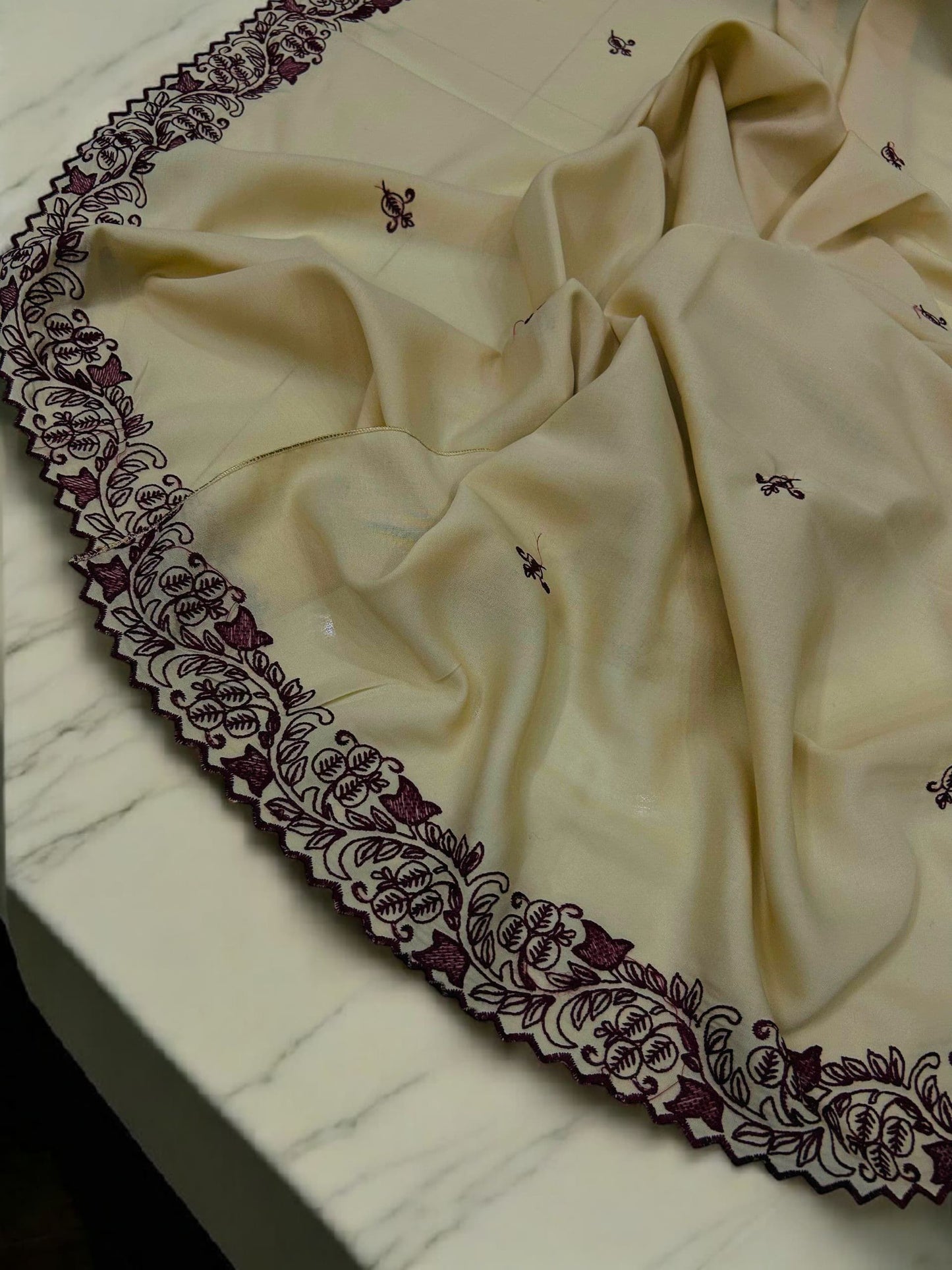 Frost Cream Maroon Cutwork Border Shaal