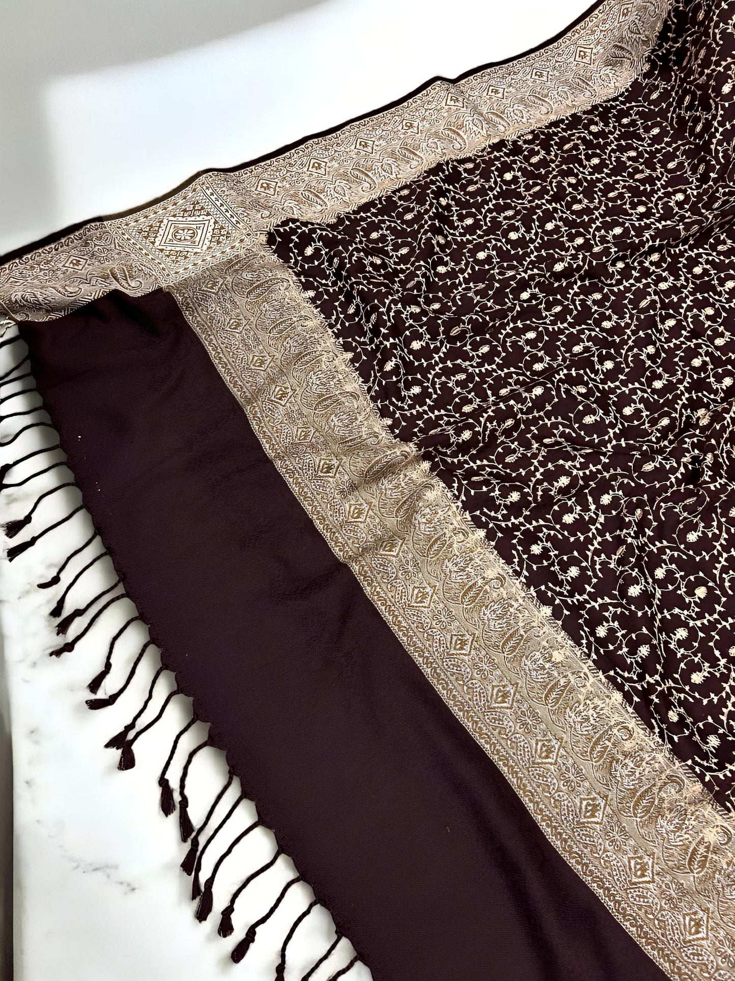Mahogany Creamy Gold Threadwork Hand Embroidered Pashmina Shawl
