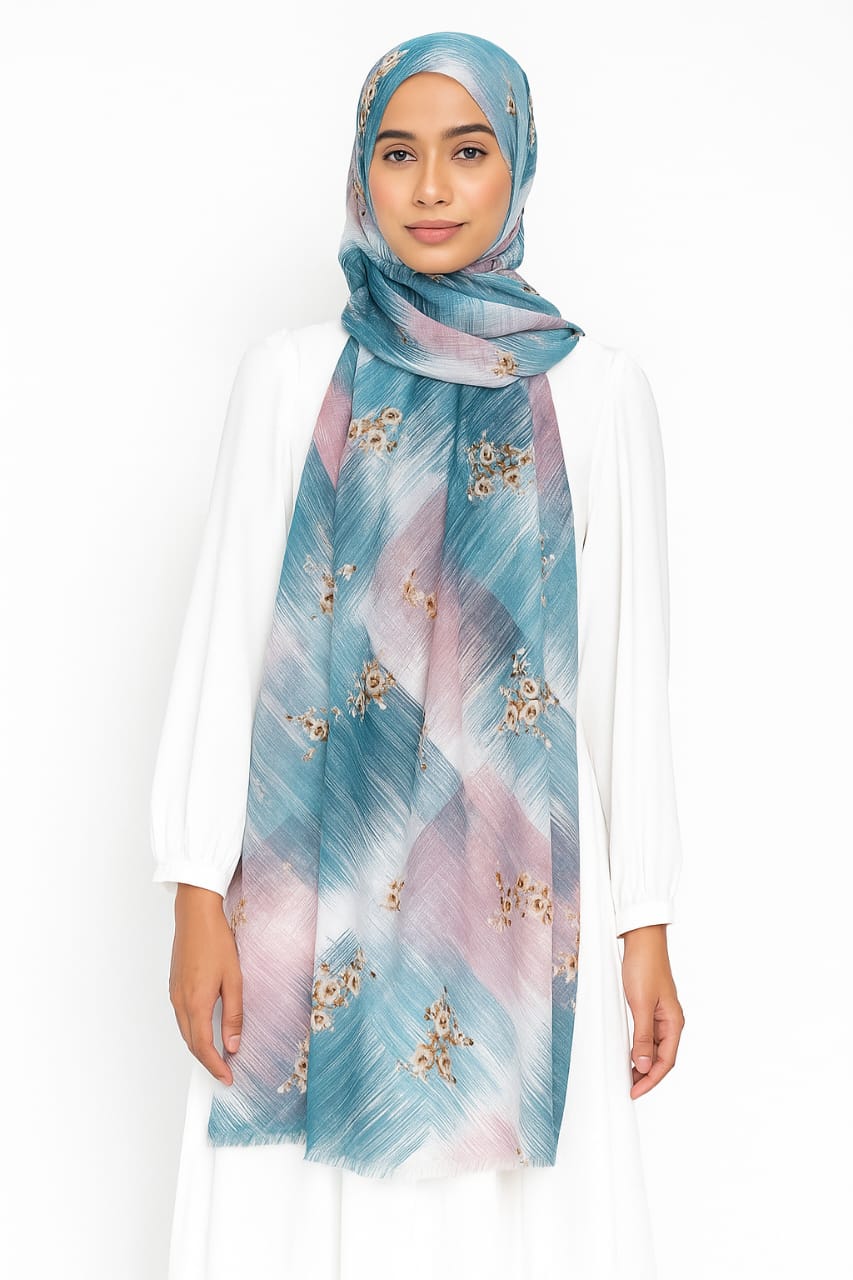 Teal Blue Sketches Patterned Printed Modal Hijab