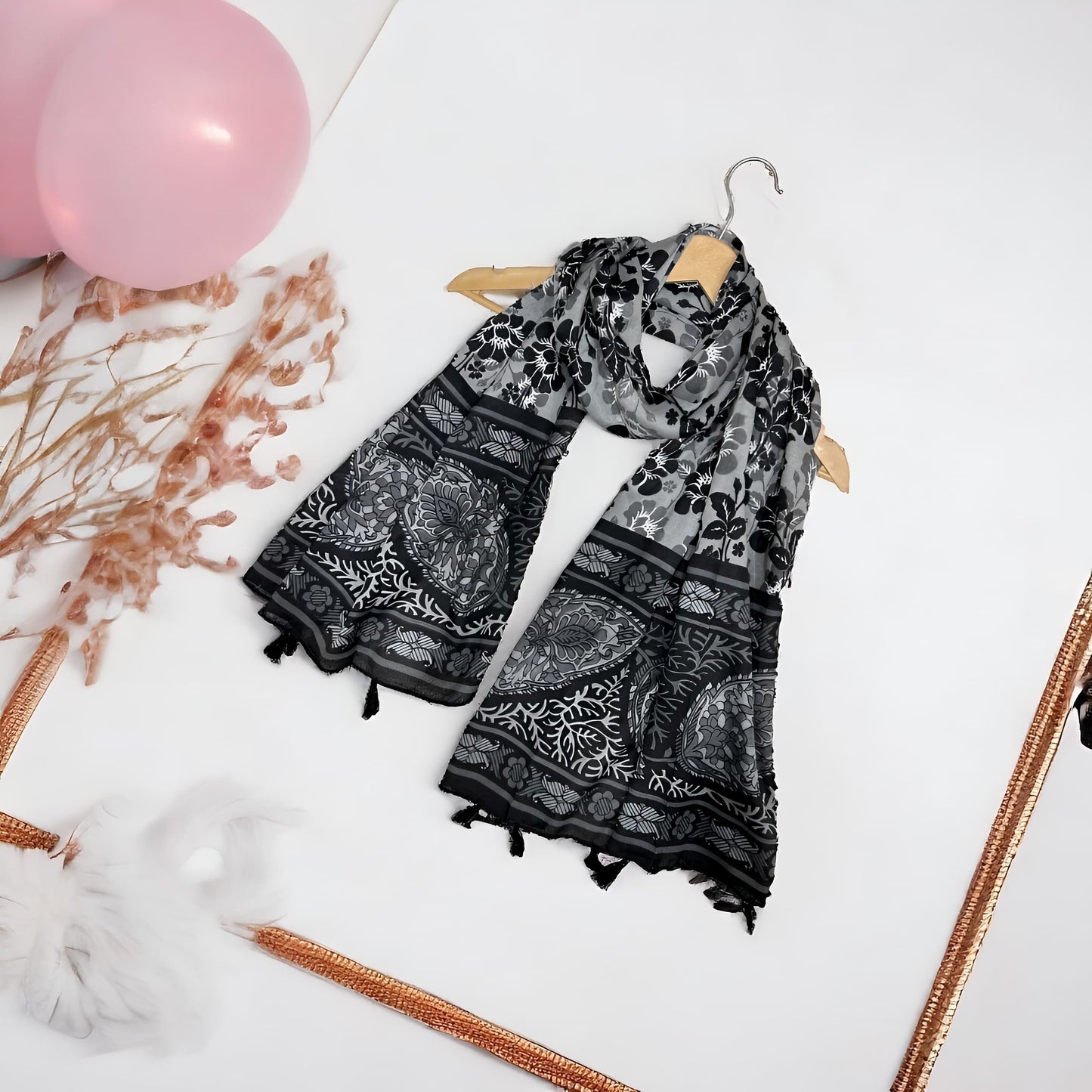 Black Grey Floral Paisley Printed Lawn Tassel Hijab
