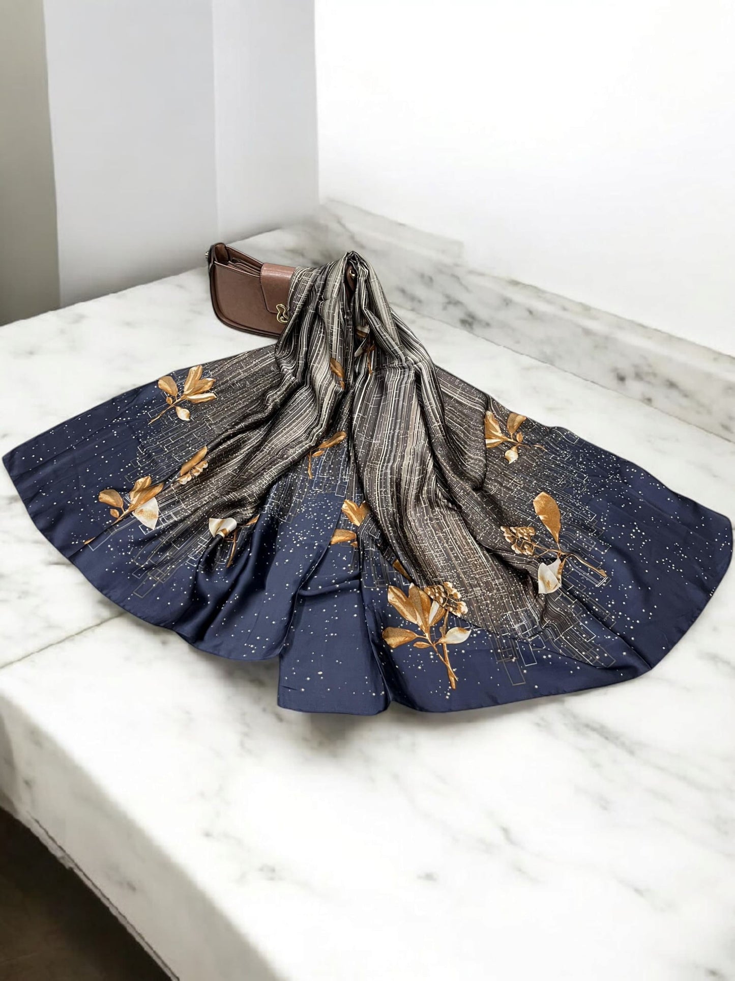 Large Satin Silk Scarf - Midnight Blue Starry Floral