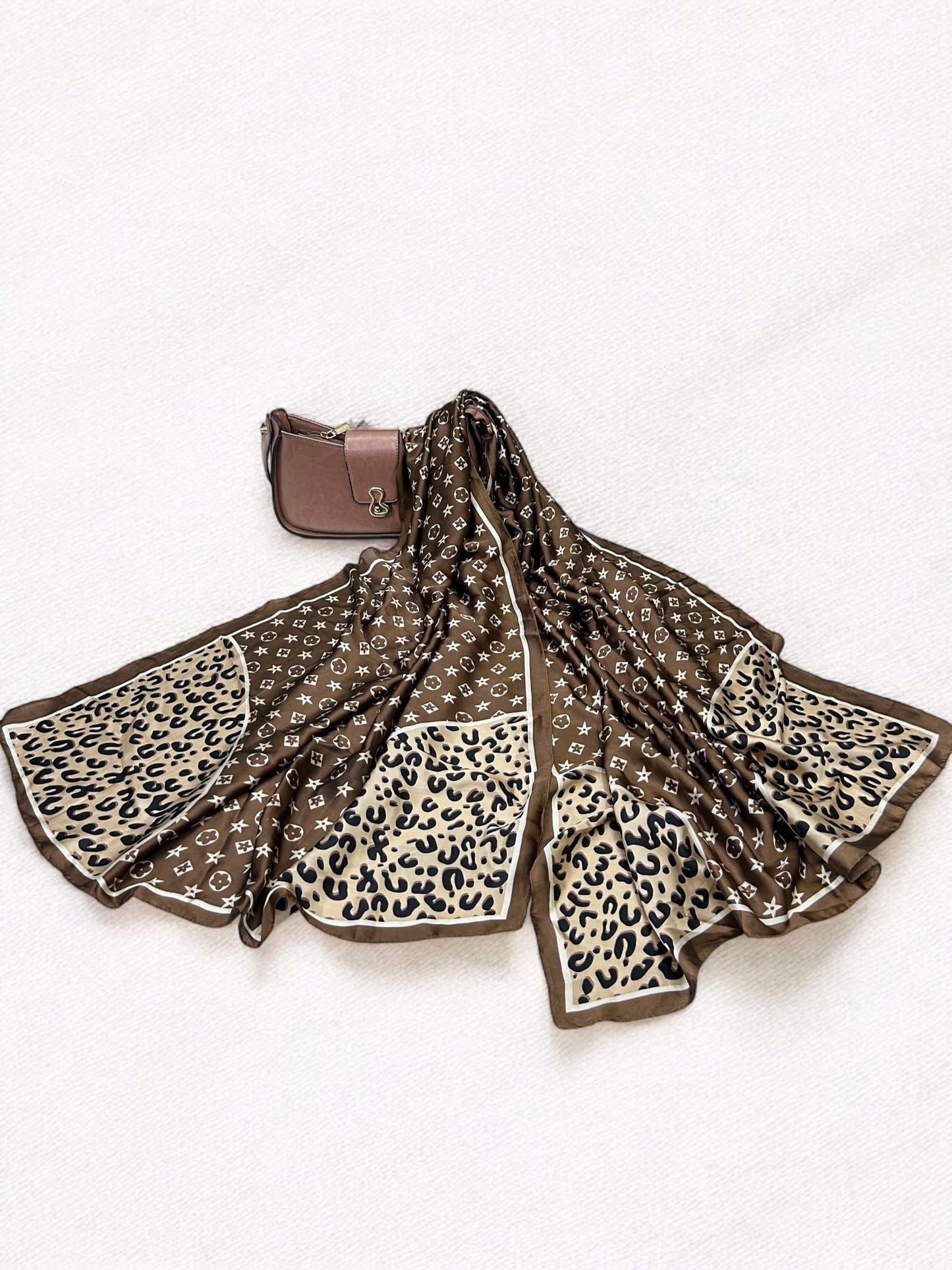 Large Satin Silk Scarf - Brown Cream Leopard LV