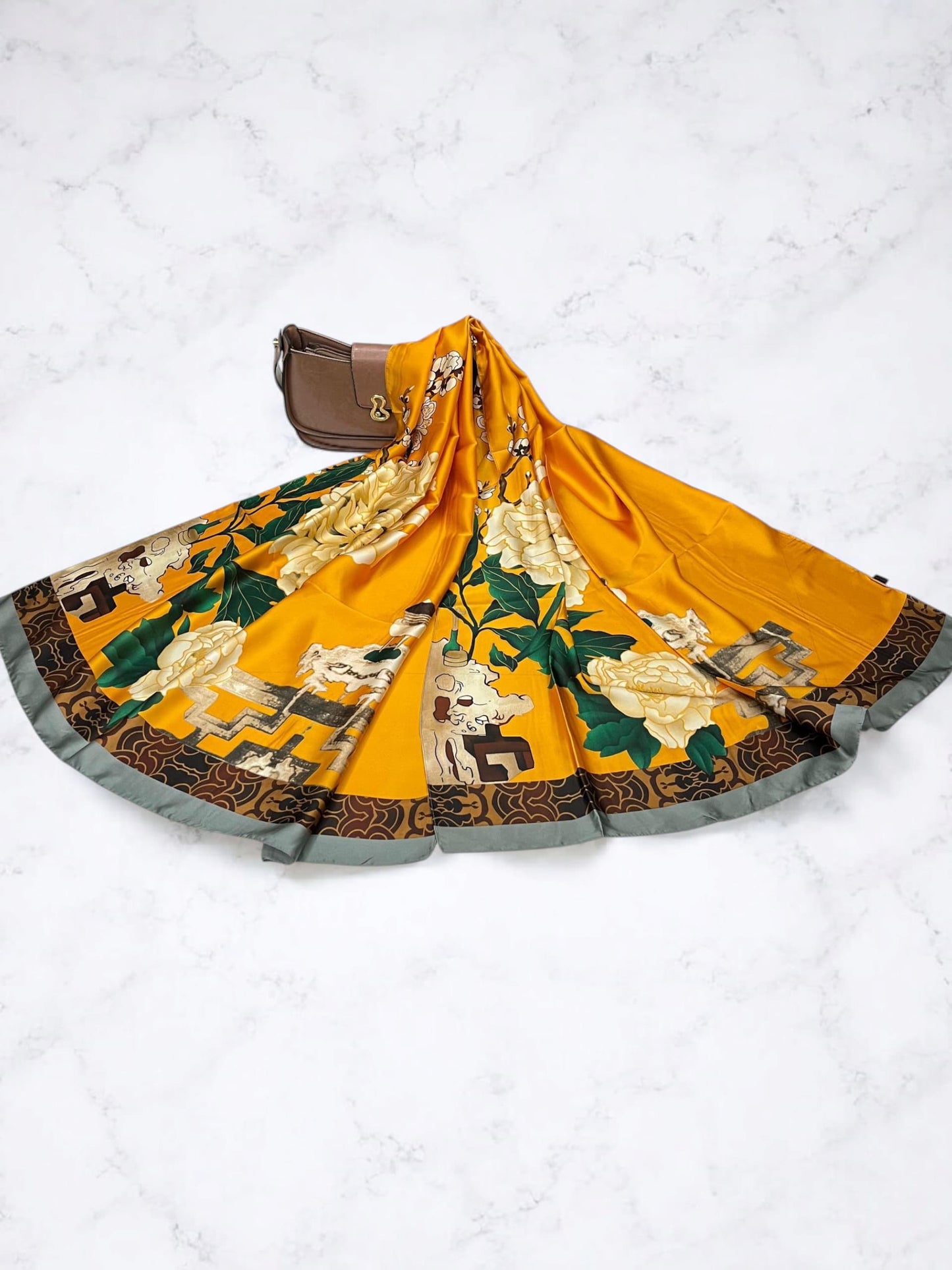 Large Satin Silk Scarf - Orange Cream Floral