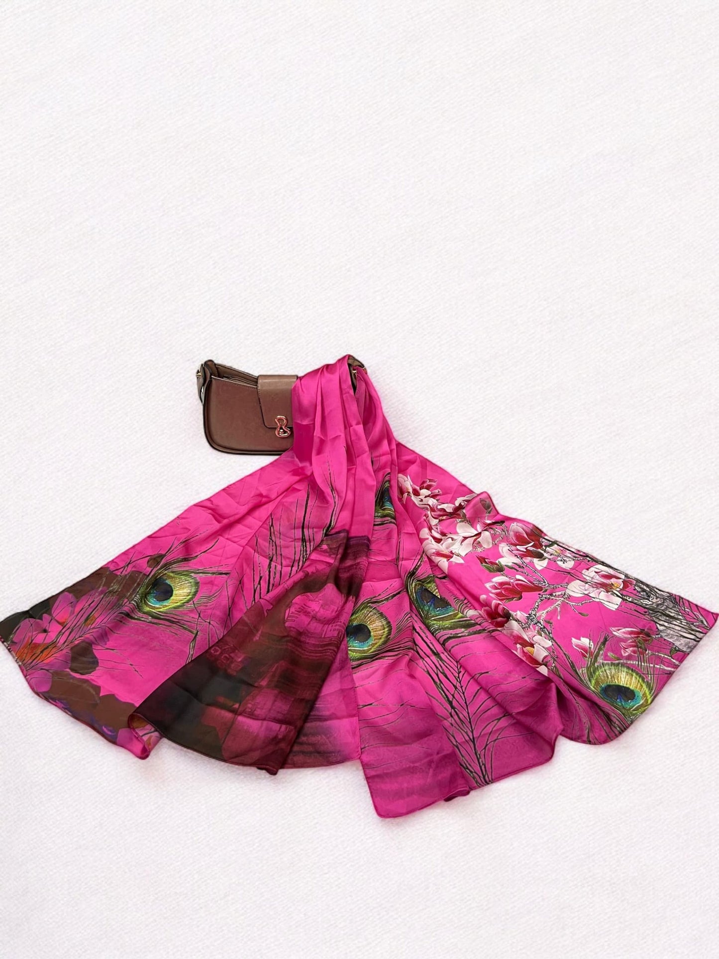 Large Satin Silk Scarf - Hot Pink Peacock