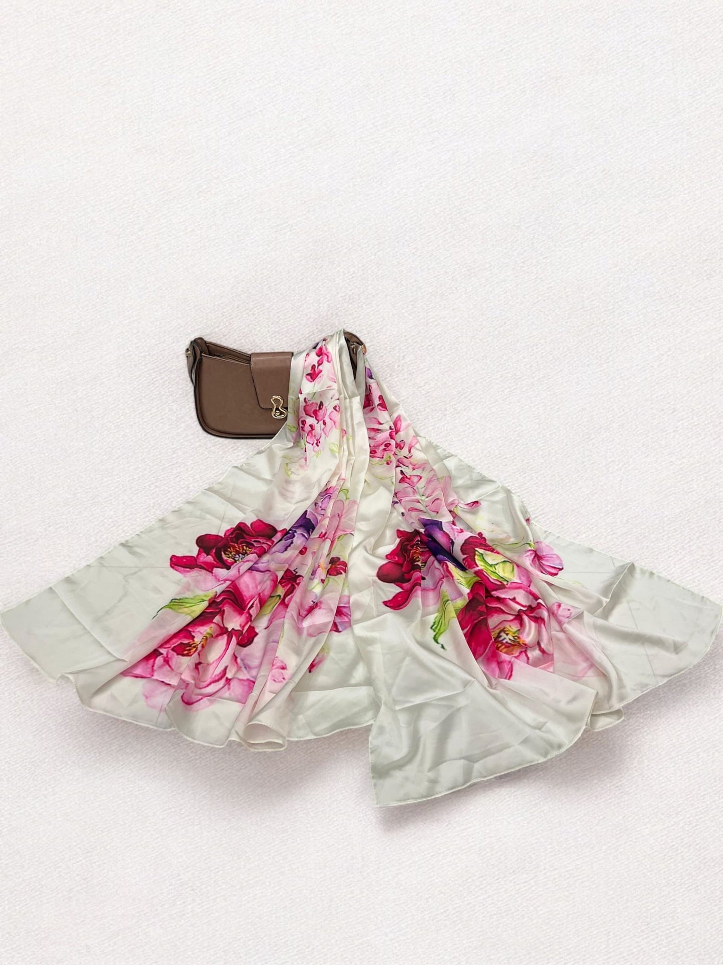 Large Satin Silk Scarf - White Magenta Flowers