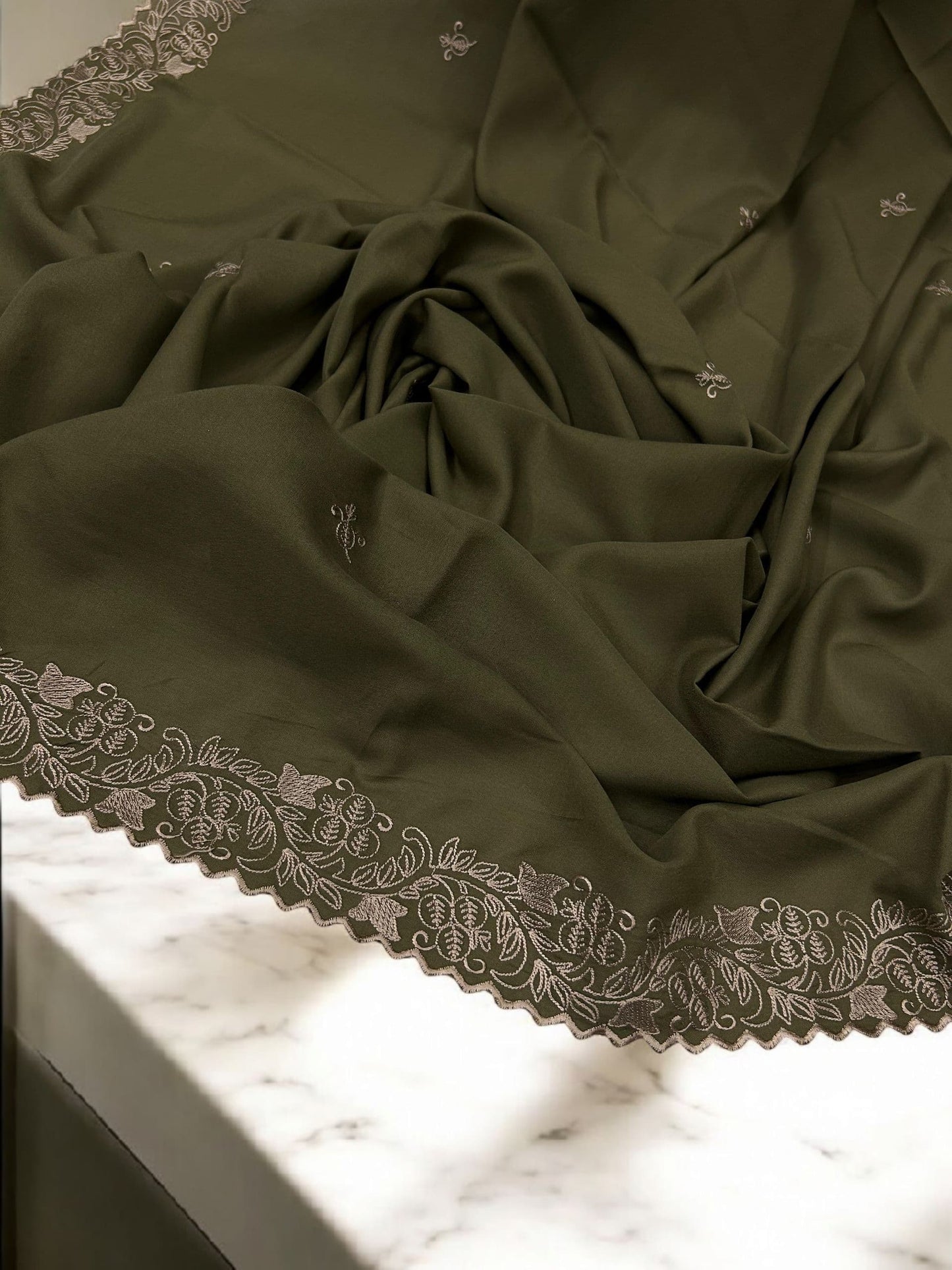 Olive Rosegold Cutwork Embroidered Border Shaal