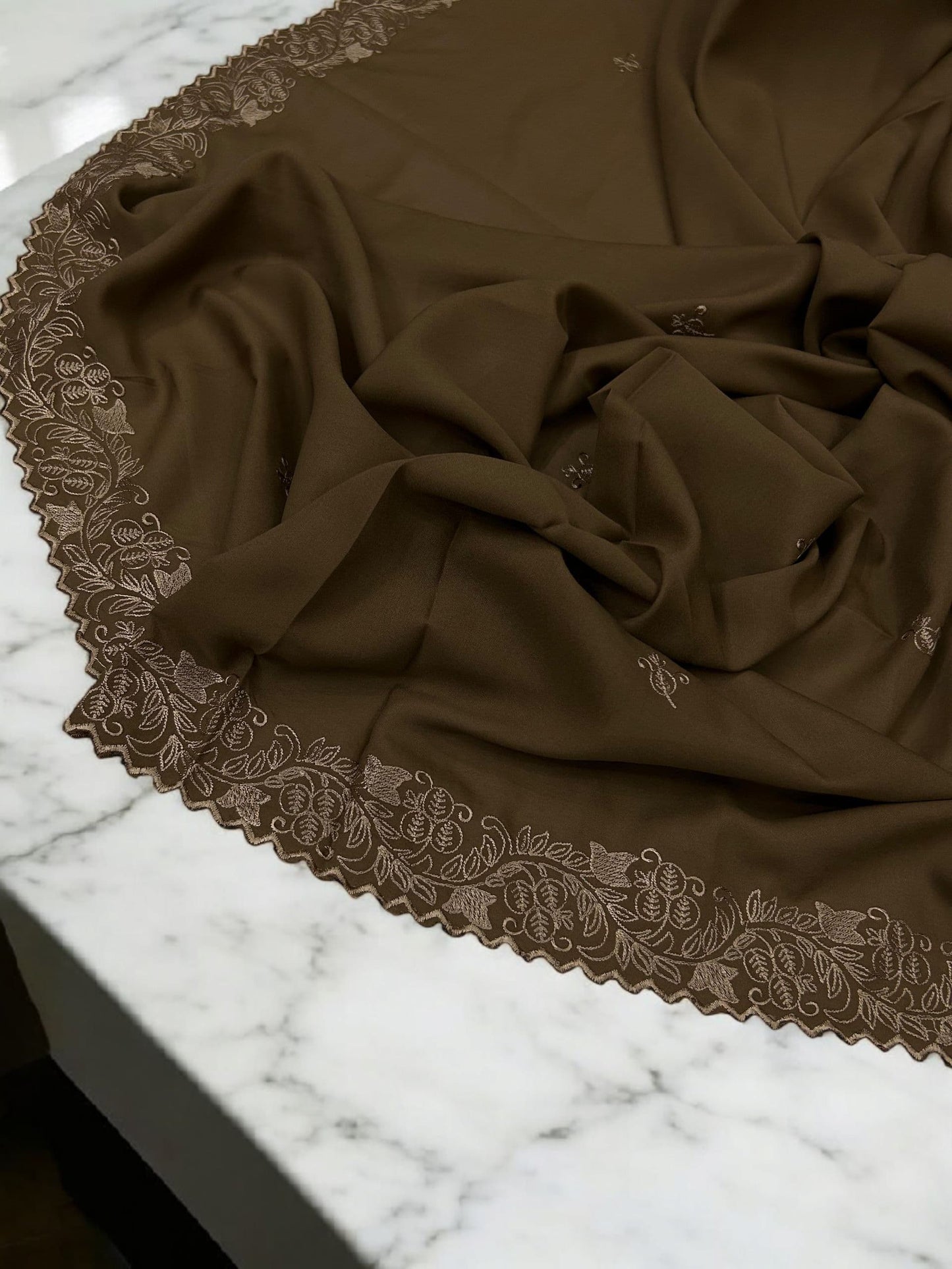 Sepia Brown Rosegold Cutwork Embroidered Border Shaal