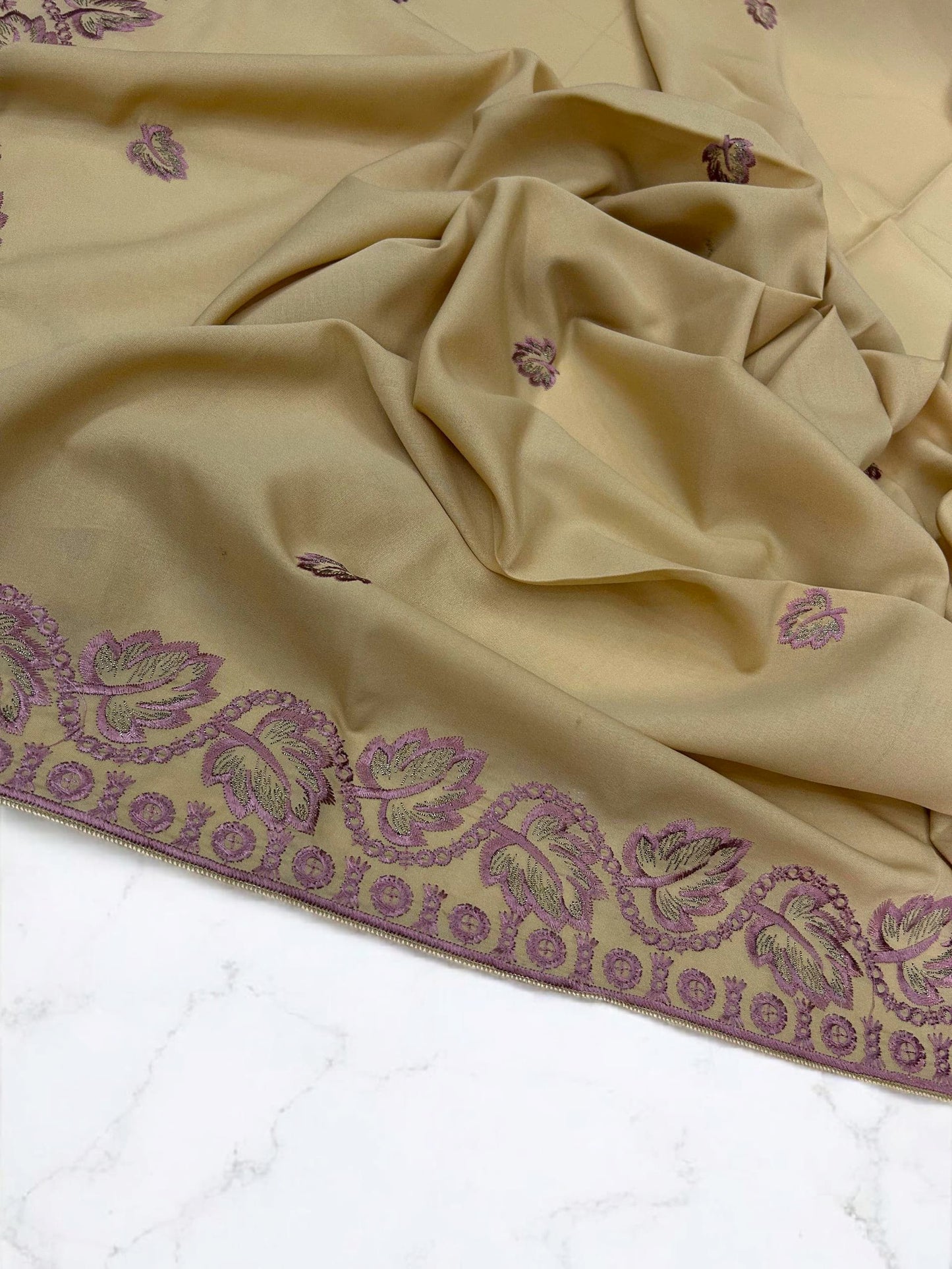 Vanilla White Lilac Leaflets Fancy Embroidered Shaal