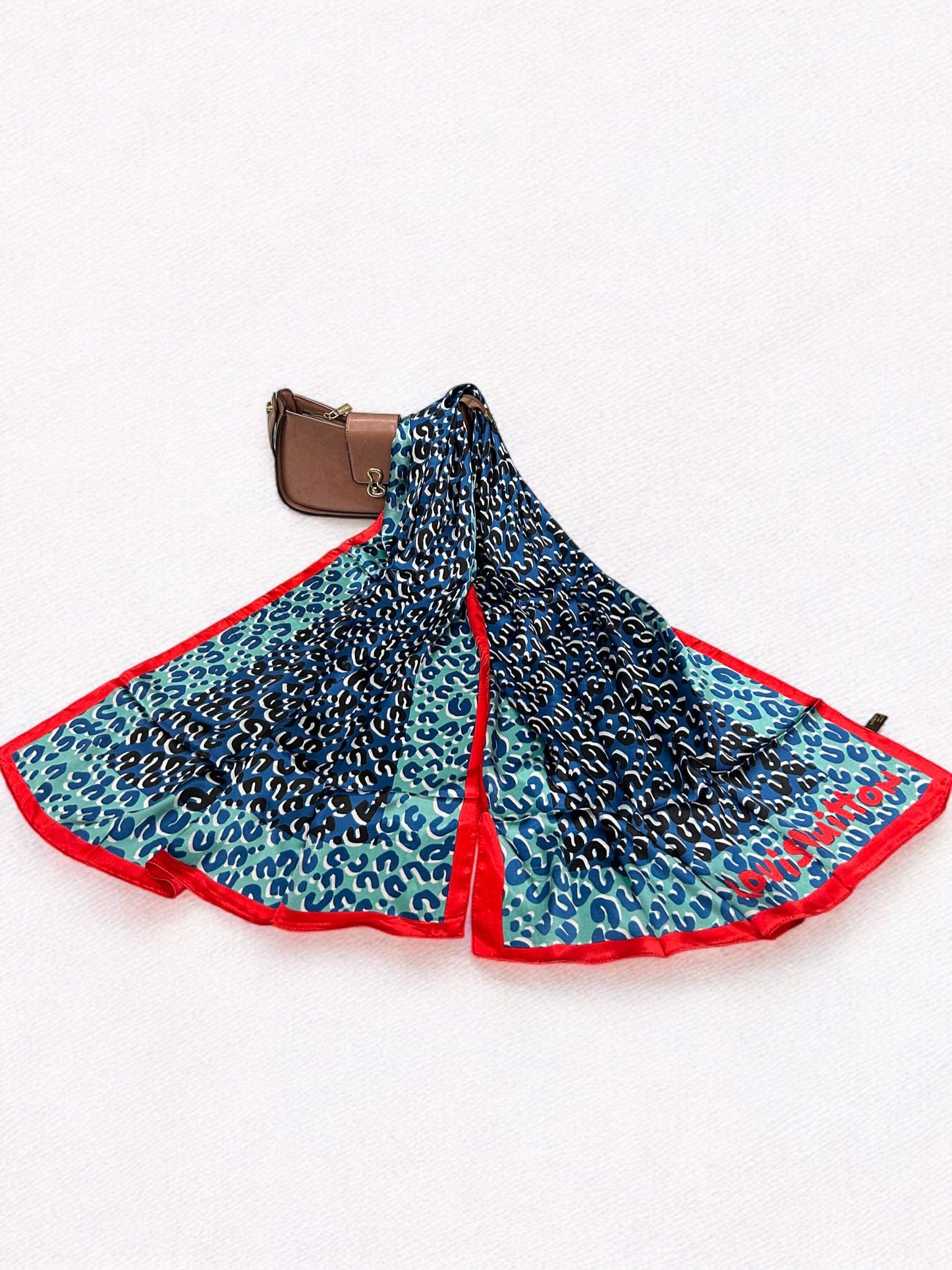 Satin Silk Scarf - Blue Lagoon Red Border