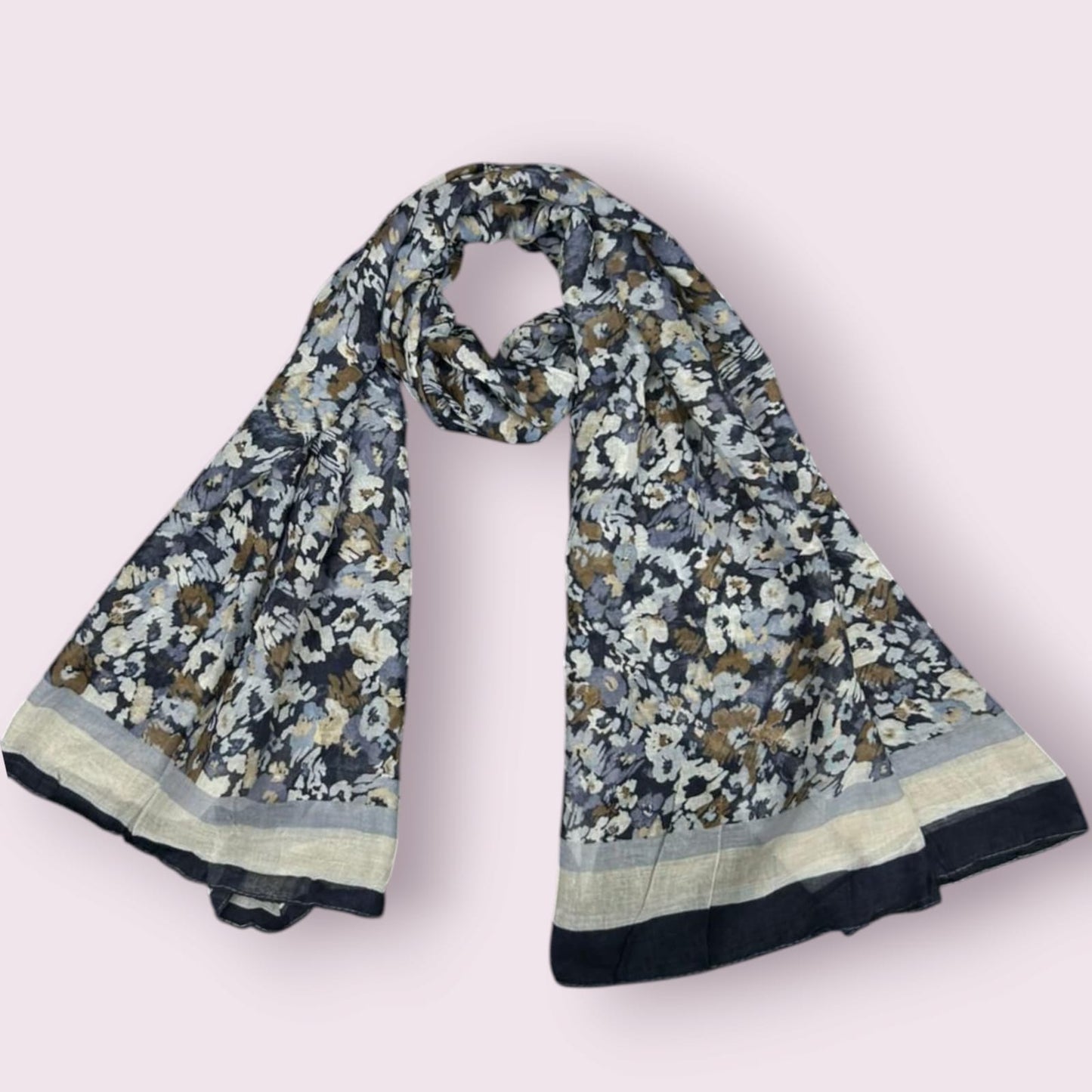Black Cream White Floral Printed Lawn Hijab