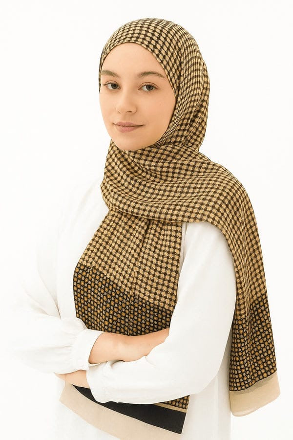 Printed Viscose Wool Hijab - Mustard Honeycomb