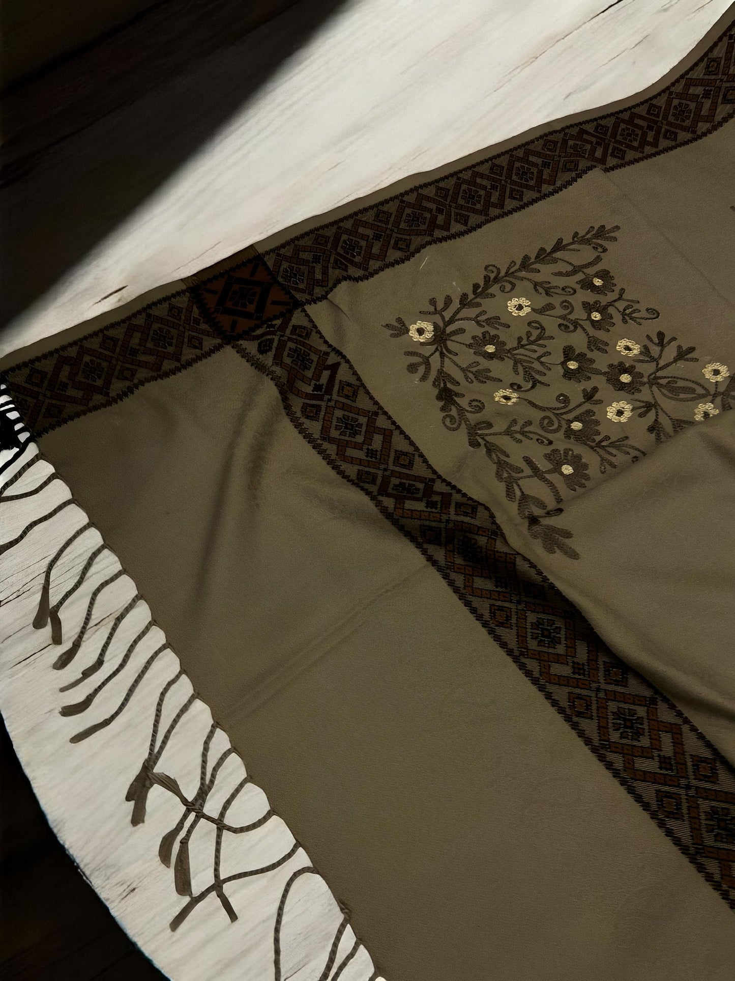 Timber Mahogany Border Embroidered Brown Floral Pashmina Shawl