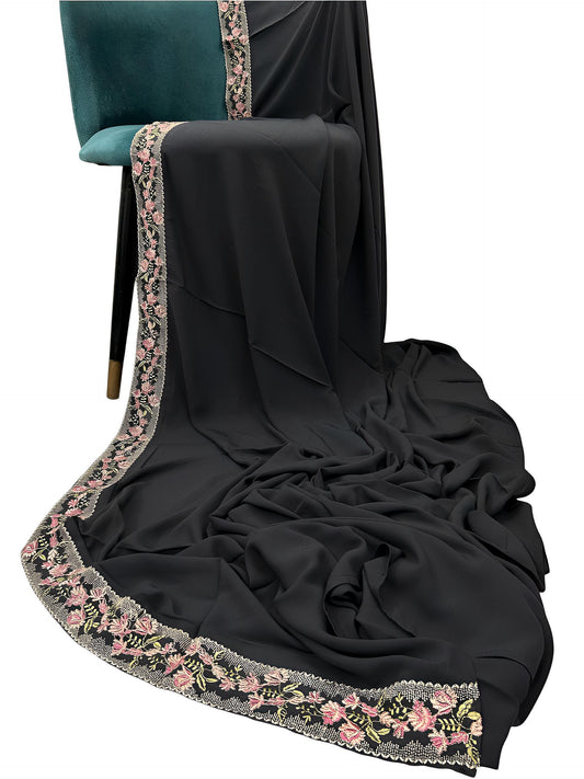 Luxury Grey Floral Border Korean Shaal