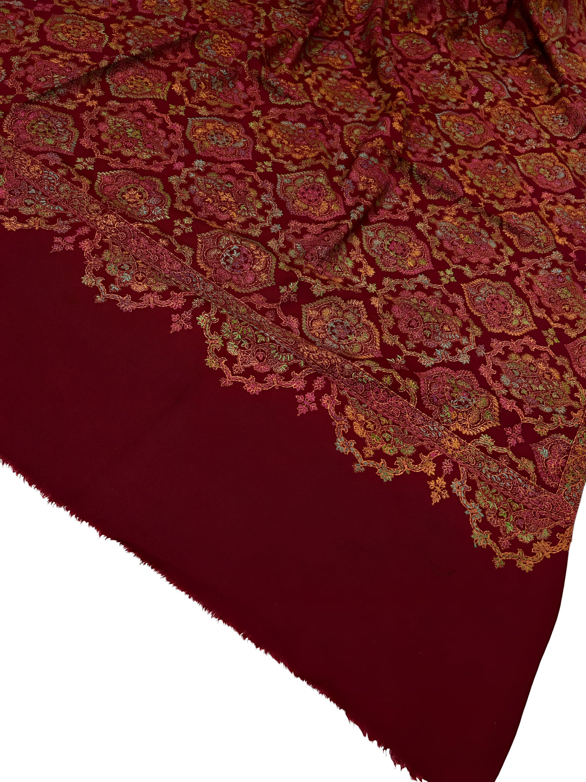 Maroon Multi - Damask Hand-Embroidered Kashmiri Shawl