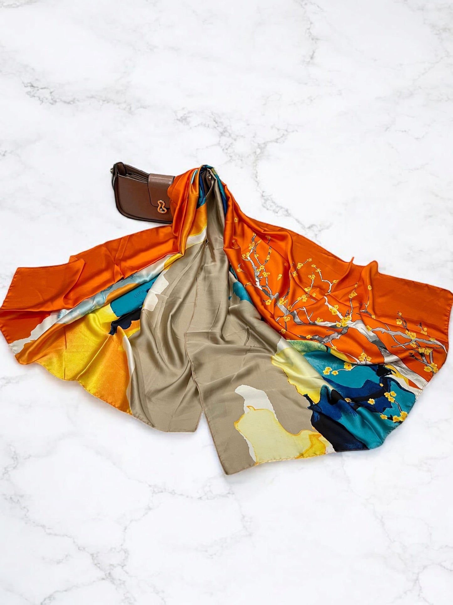 Large Satin Silk Scarf - Tangerine Beige Anstract