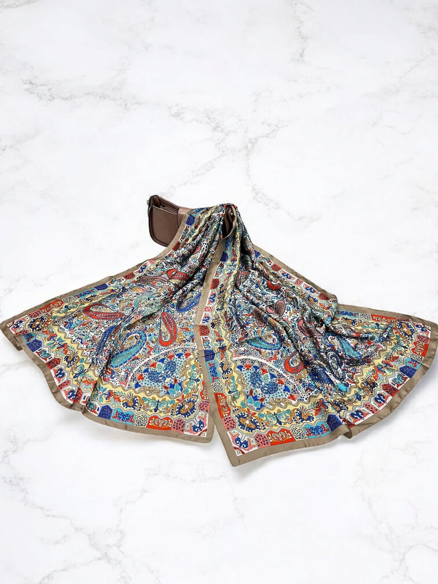 Large Satin Silk Scarf - Sand Brown Multi Mandala