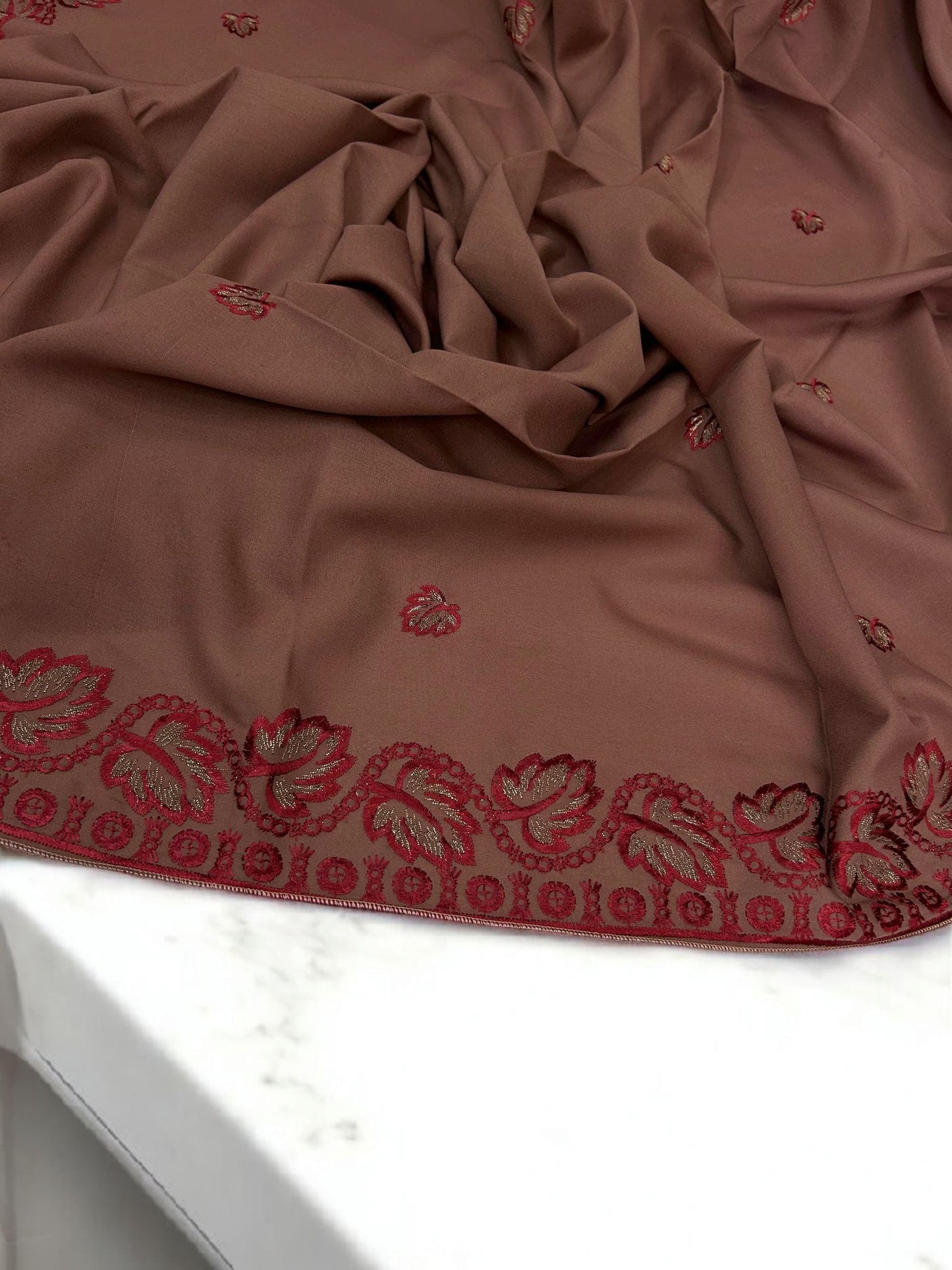 Terracotta Red Leaflets Fancy Embroidered Shaal